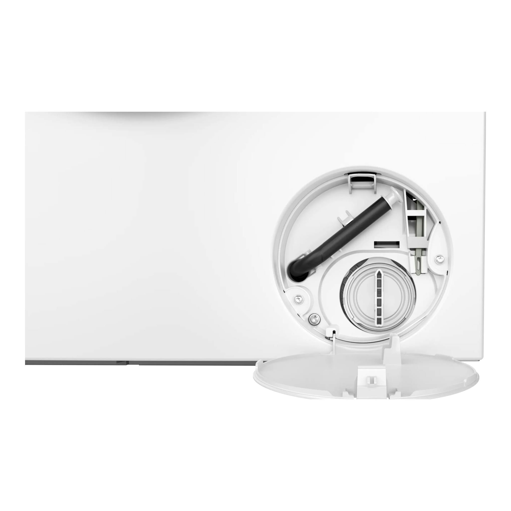 Lavasecadora Siemens WK14D260ES blanca, vista frontal parcial, con tapa inferior abierta.