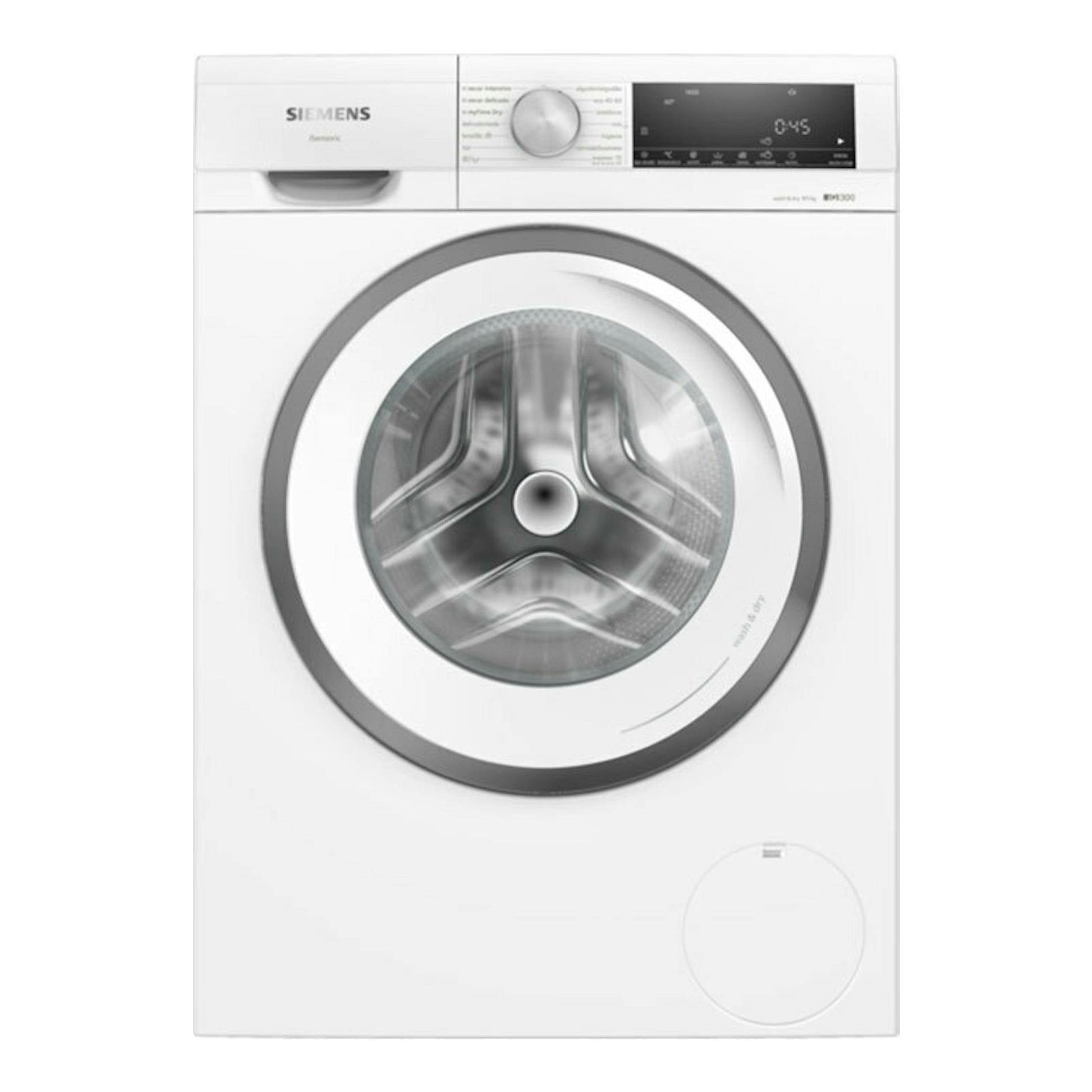 Lavasecadora Siemens WN34A1V0ES blanca, vista frontal, con puerta circular y panel digital superior.
