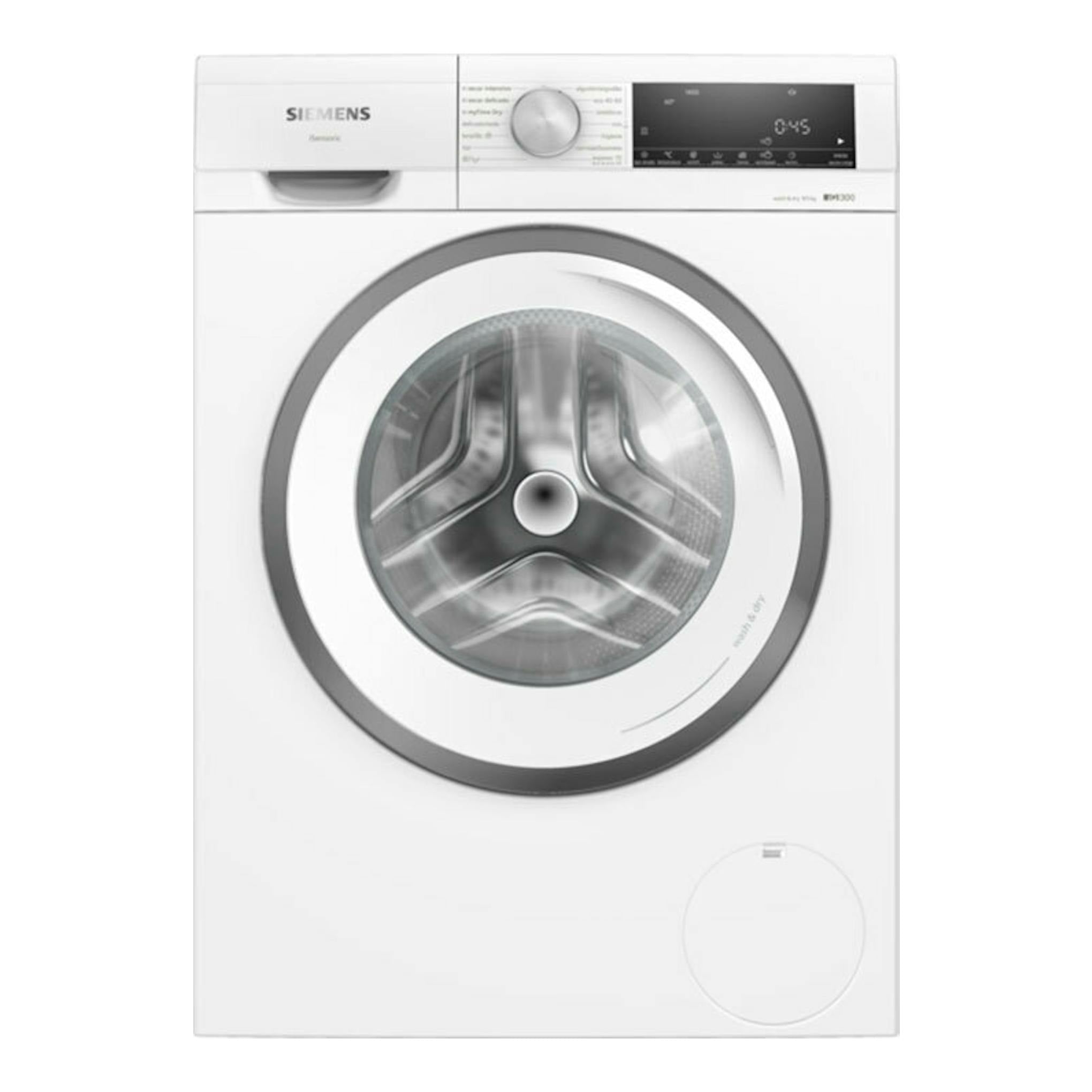 Lavasecadora Siemens WN34A1V0ES blanca, vista frontal, con puerta circular y panel digital superior.