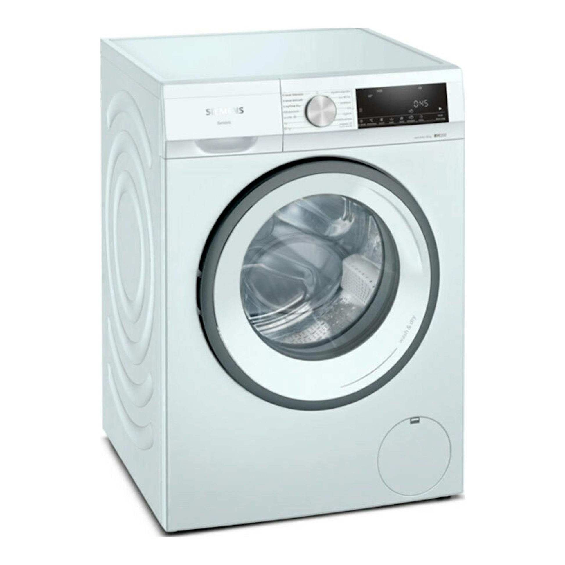 Lavasecadora Siemens WN34A1V0ES blanca, vista frontal, con puerta circular y panel digital superior.