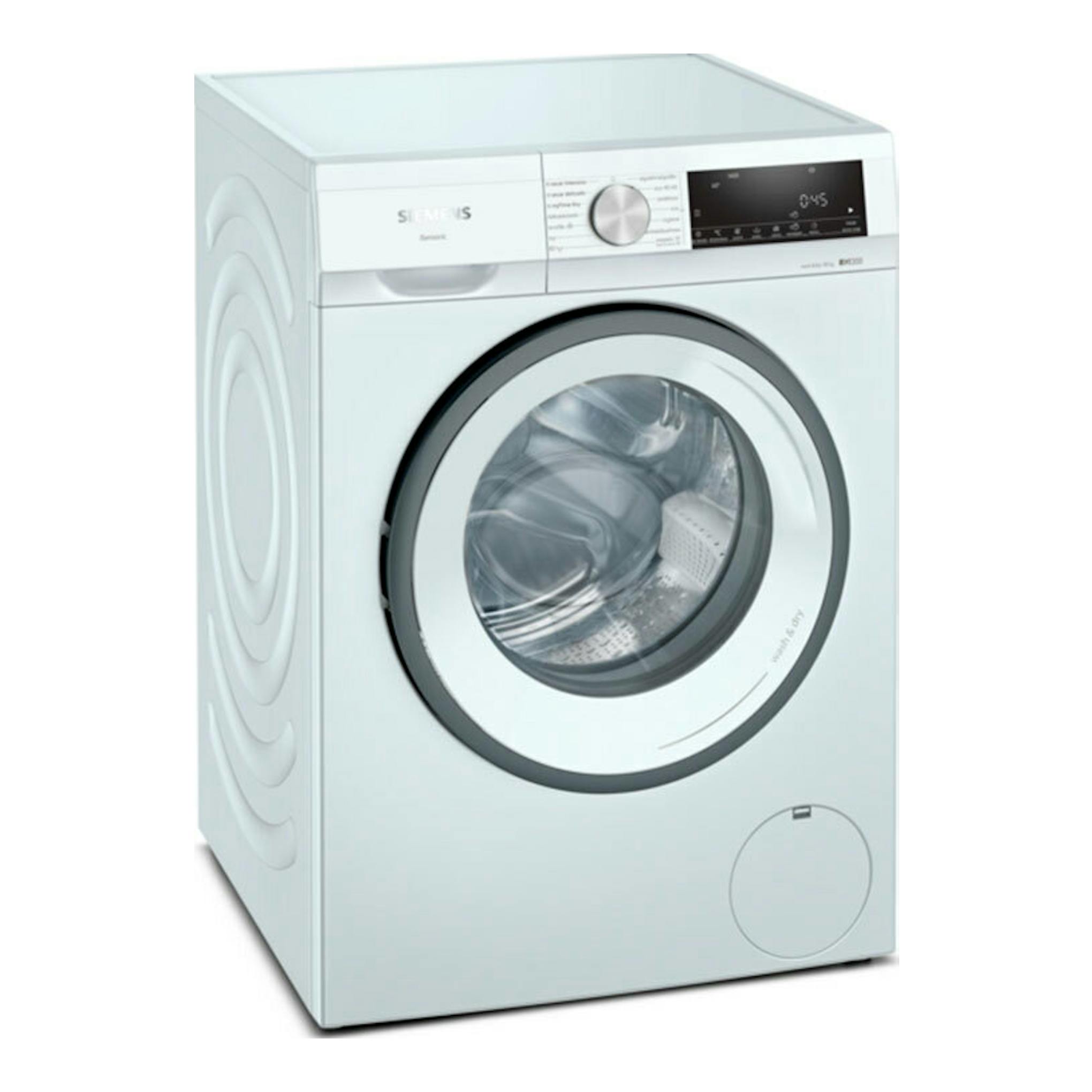 Lavasecadora Siemens WN34A1V0ES blanca, vista frontal, con puerta circular y panel digital superior.