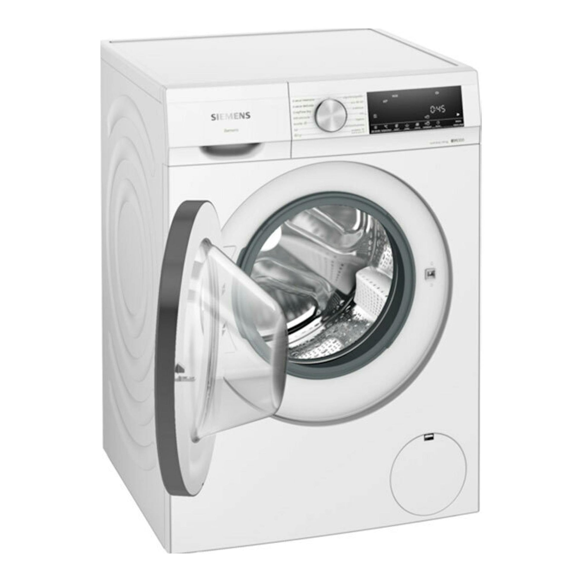 Lavasecadora Siemens WN34A1V0ES blanca, vista frontal en ángulo, con puerta abierta y panel superior.