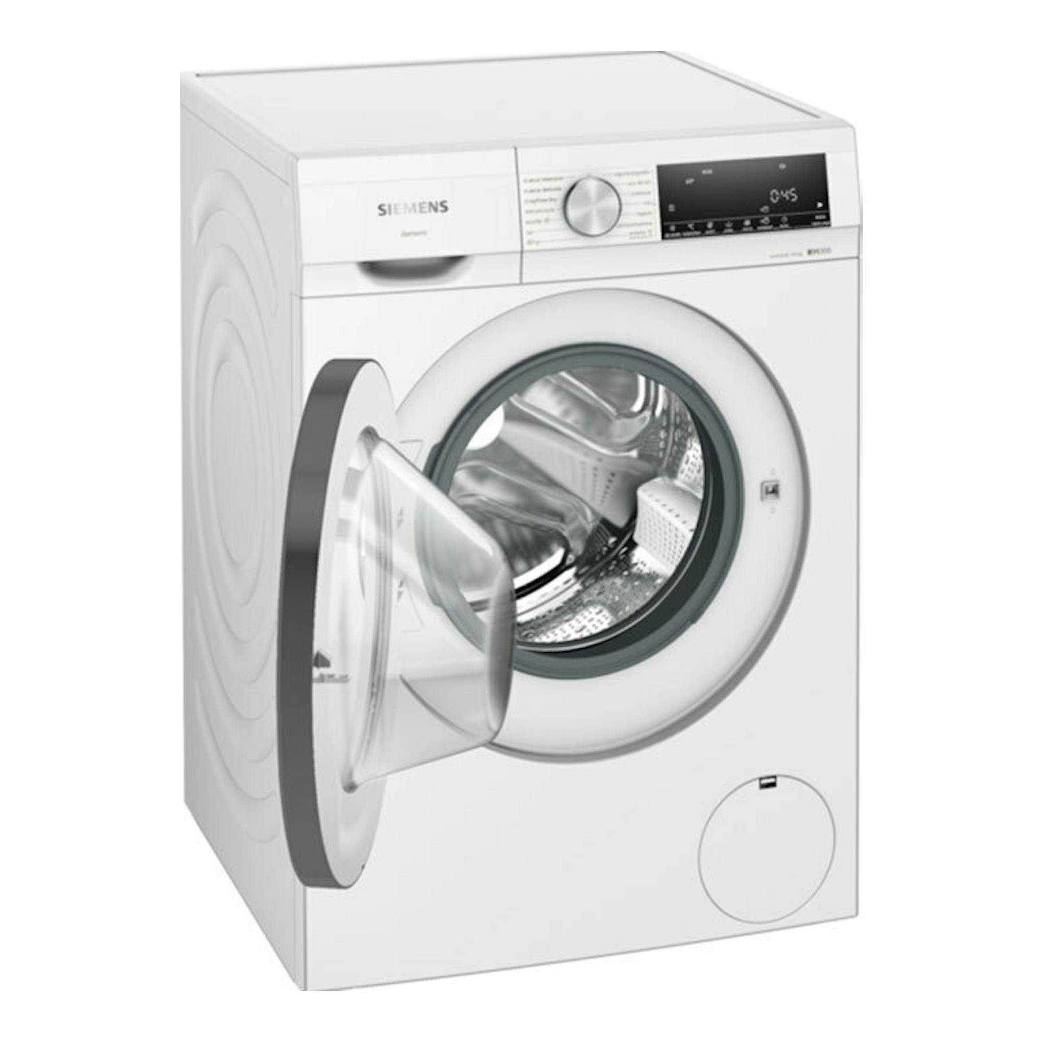 Lavasecadora Siemens WN34A1V0ES blanca, vista frontal en ángulo, con puerta abierta y panel superior.