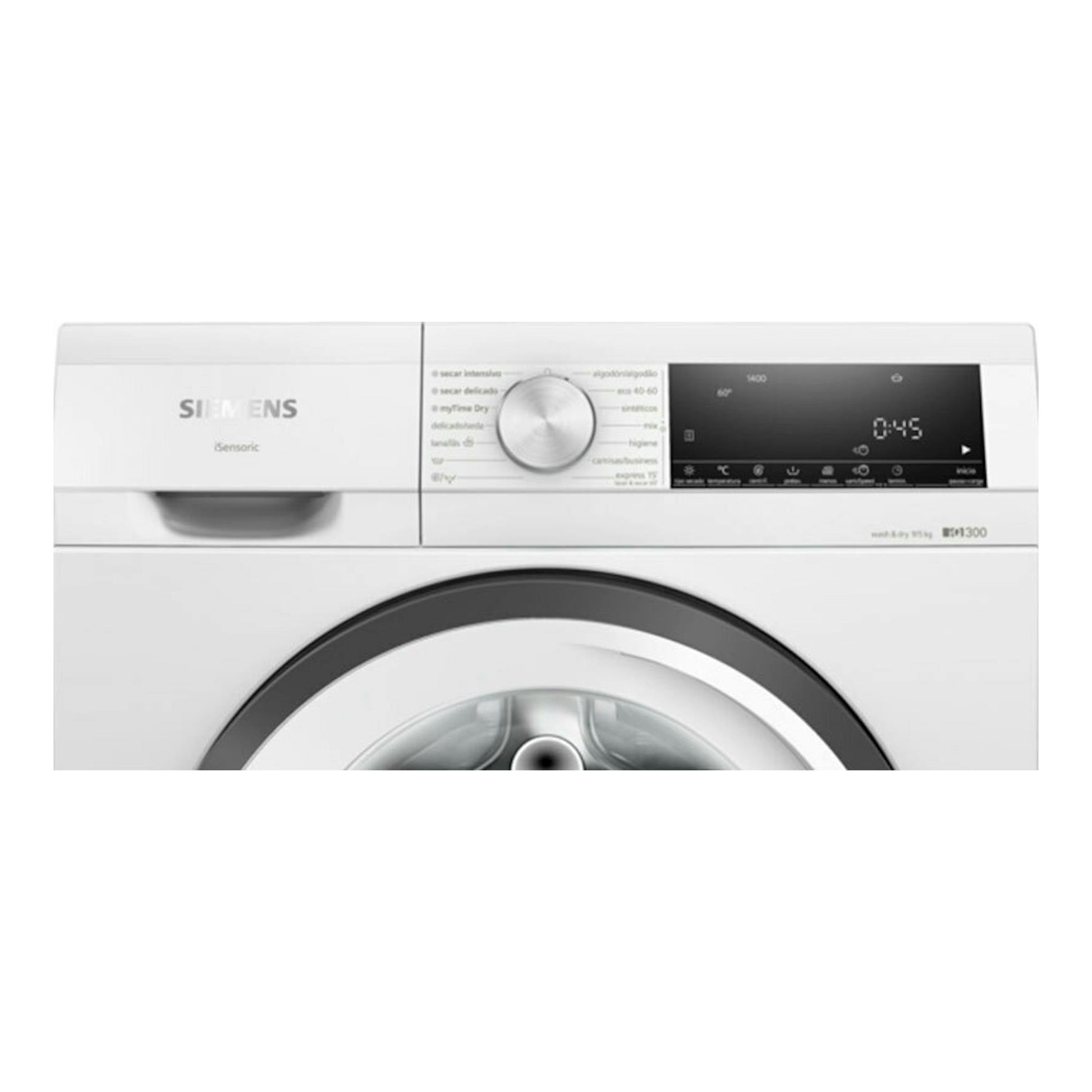 Lavasecadora Siemens WN34A1V0ES blanca, vista frontal, con panel digital y puerta circular.