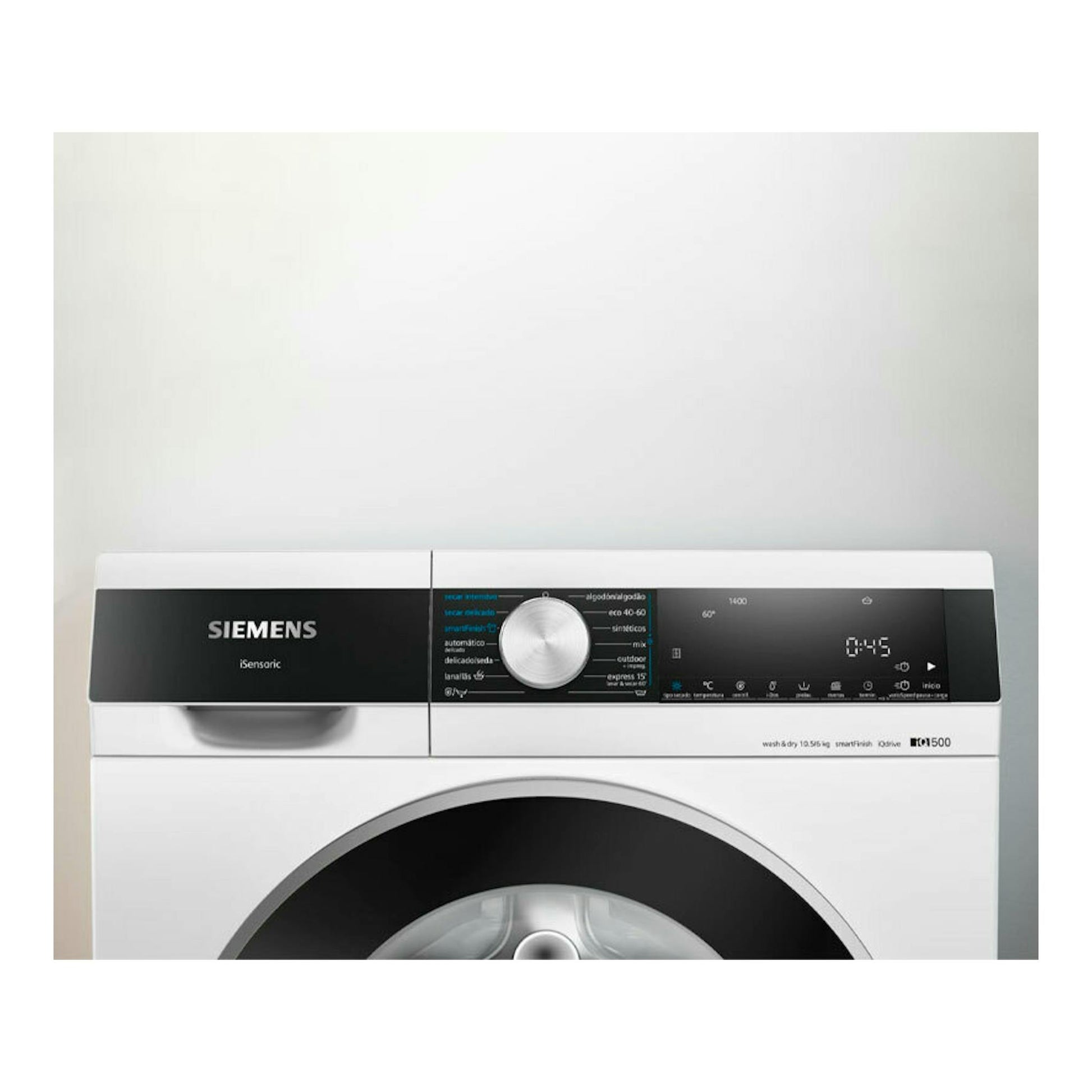 Lavasecadora Siemens WN44G2A0ES blanca, vista frontal, con panel negro y puerta circular.