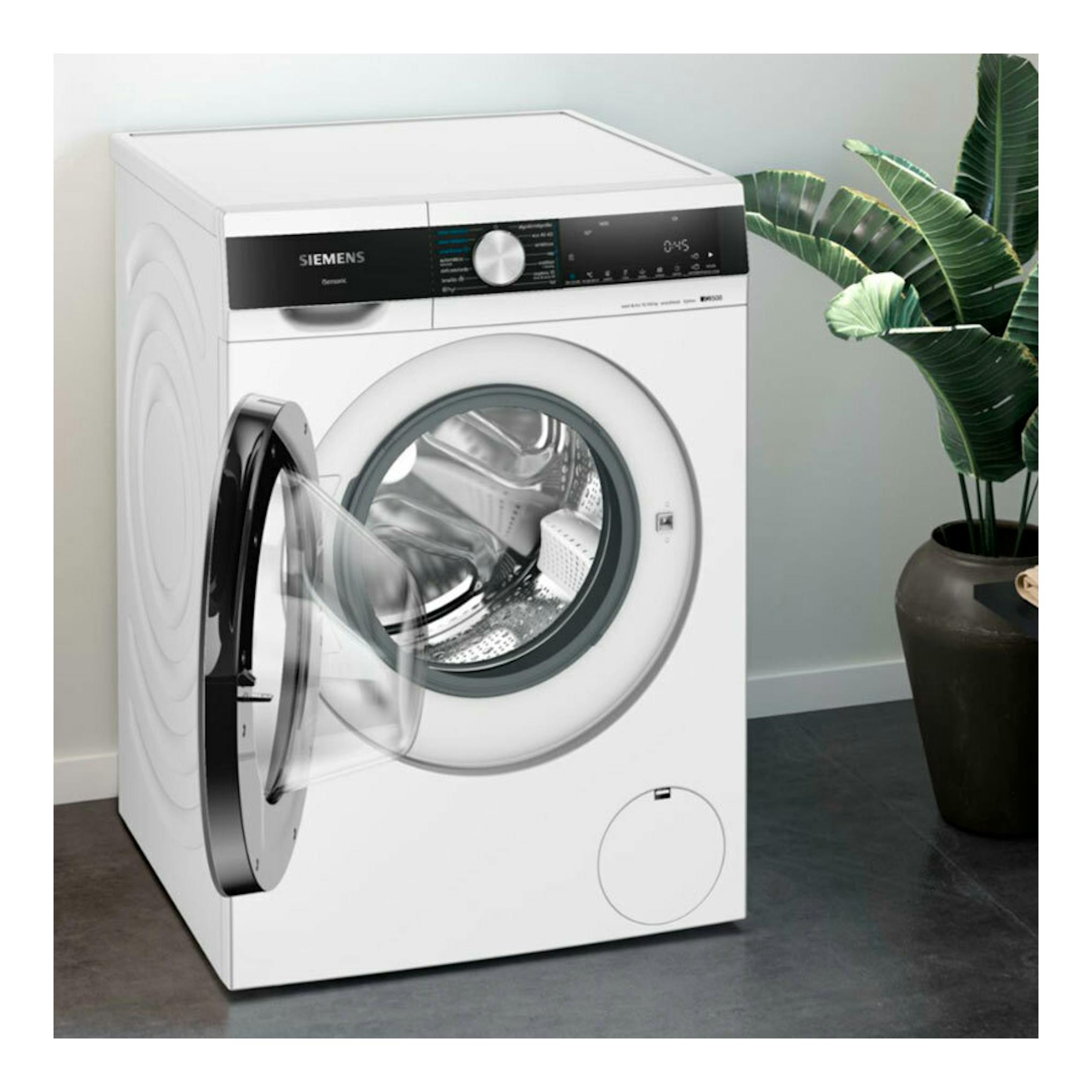 Lavasecadora Siemens WN44G2A0ES blanca, vista frontal, con puerta abierta.