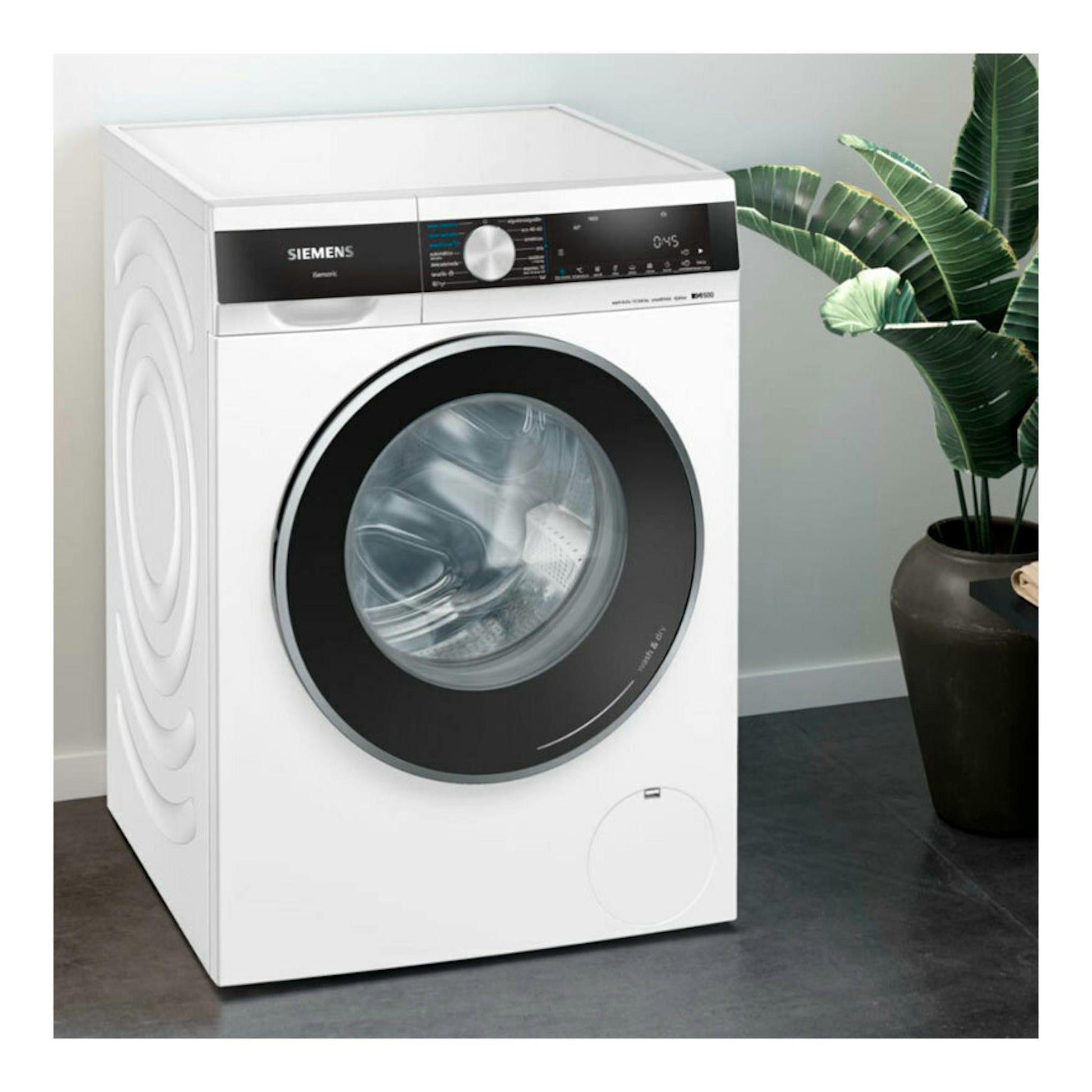 Lavasecadora Siemens WN44G2A0ES blanca, vista frontal con tambor circular y panel superior negro.