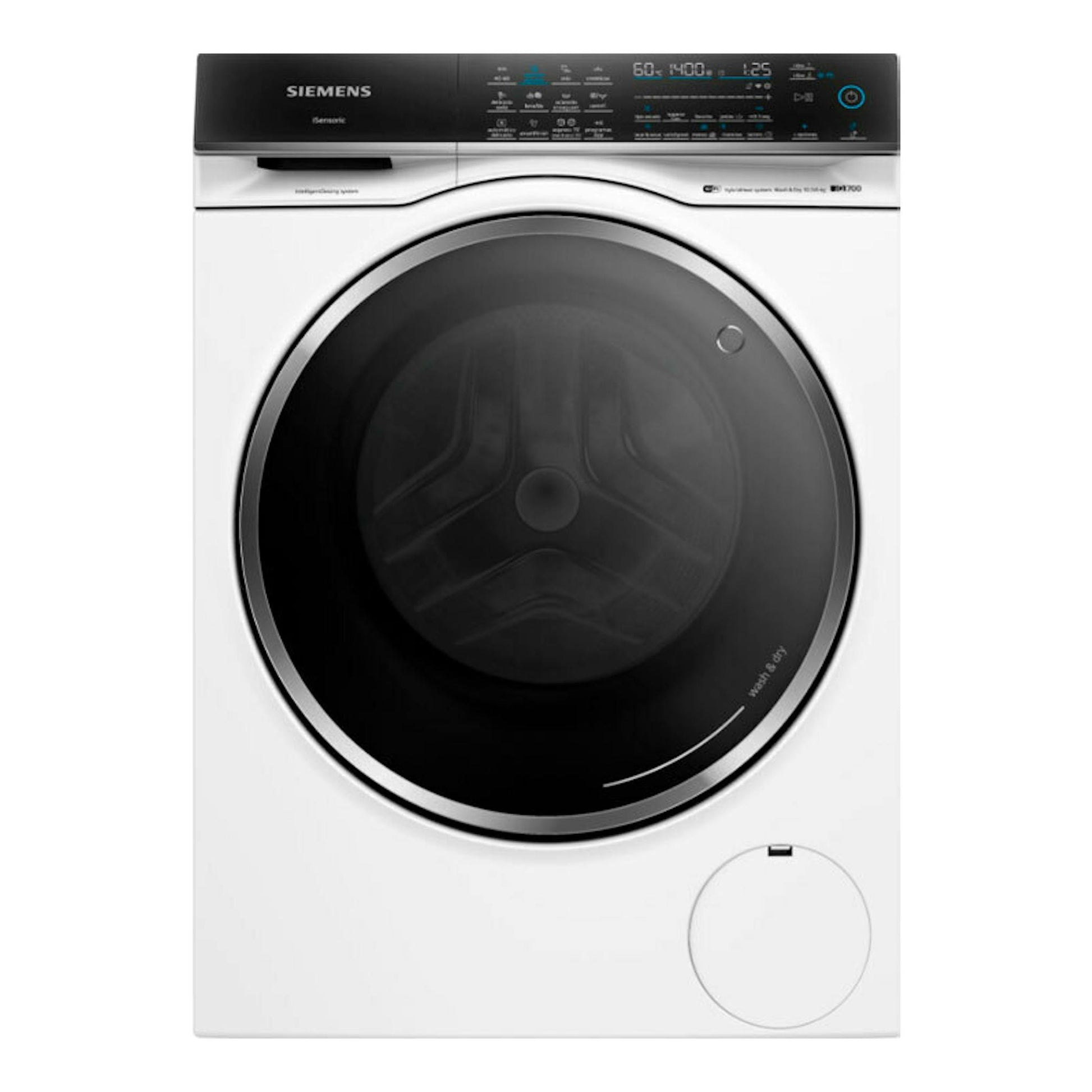 Lavasecadora Siemens WN54C2A0ES blanca, vista frontal, con panel superior negro y puerta circular negra.