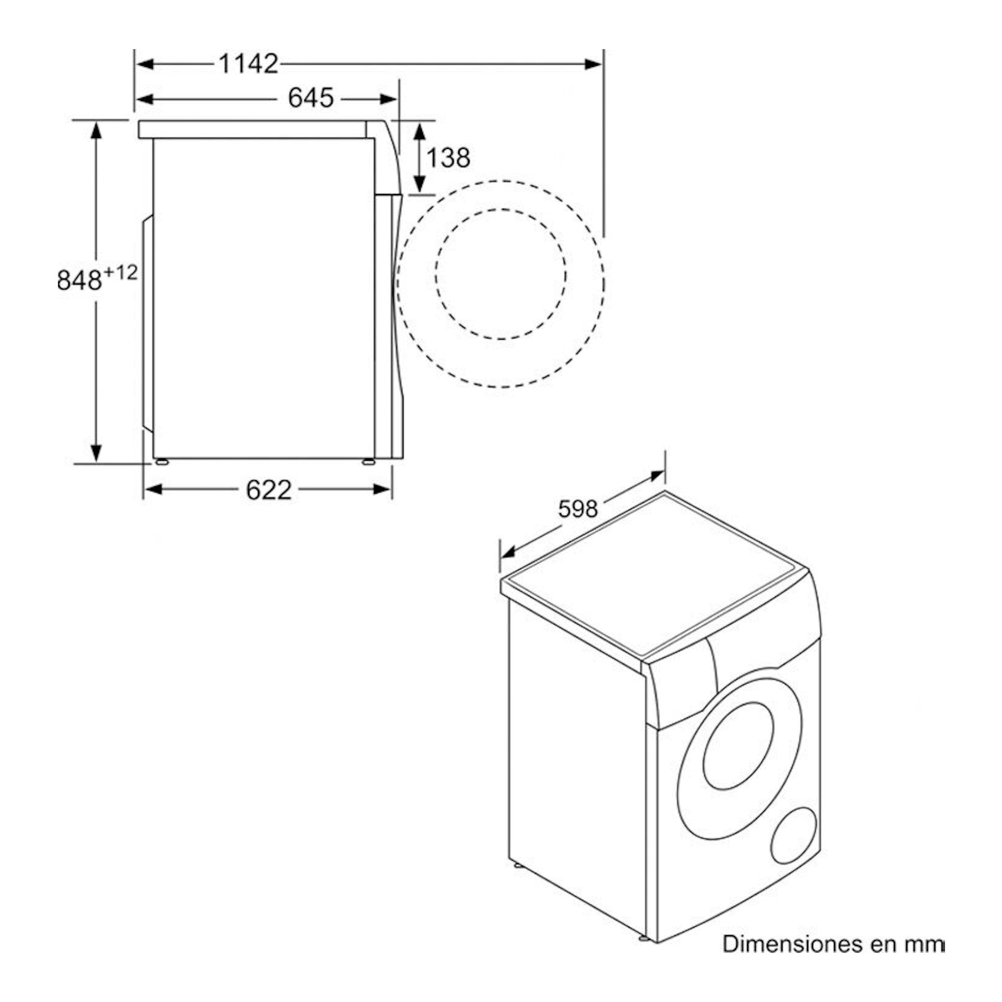 Diagrama de dimensiones de lavasecadora Siemens WN54C2A0ES, vista lateral e isométrica, en mm.