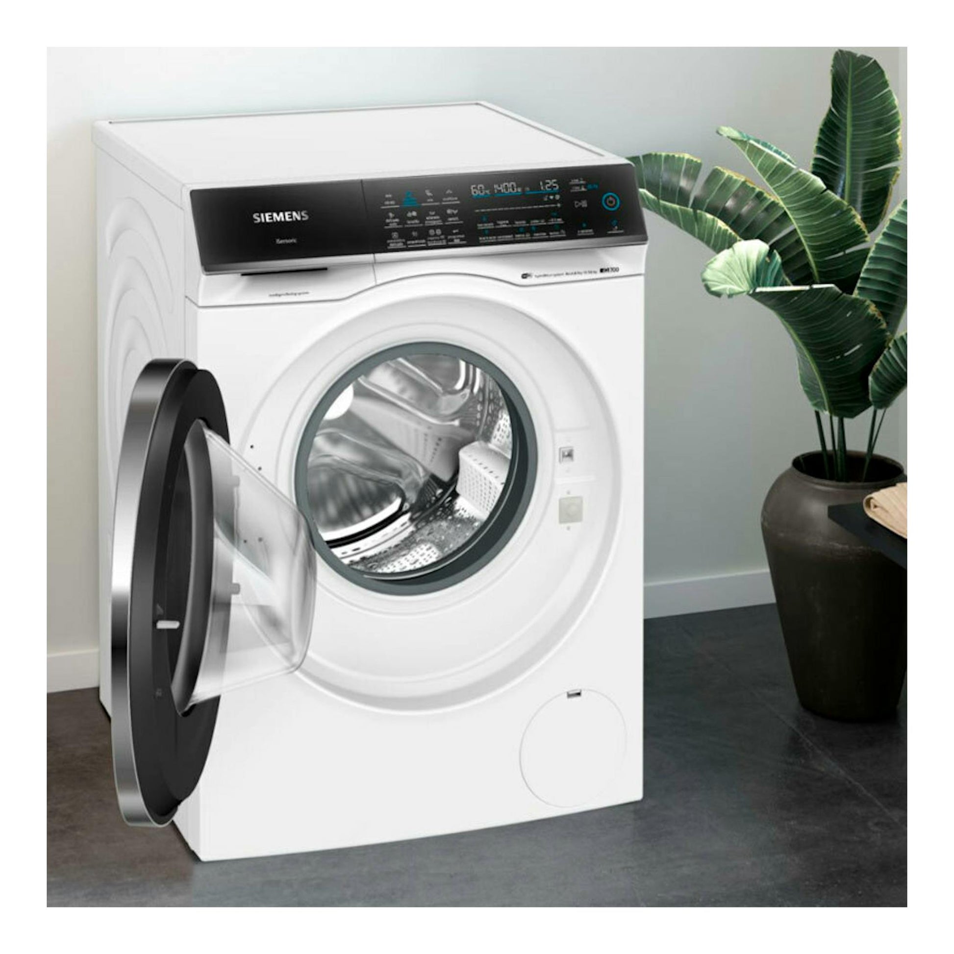 Lavasecadora Siemens WN54C2A0ES blanca, vista frontal, con puerta abierta, de 10,5 kg.