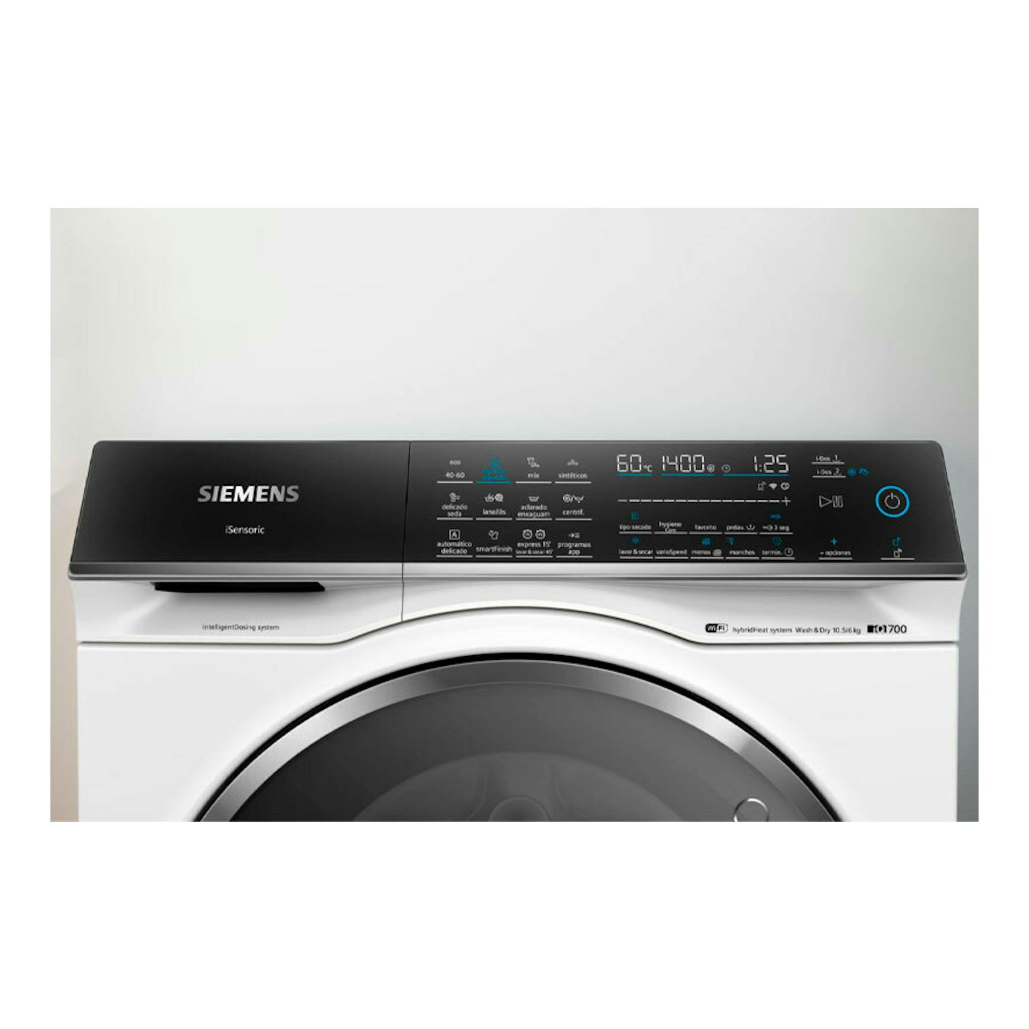 Lavasecadora Siemens WN54C2A0ES blanca, vista frontal, con panel negro digital y puerta circular.