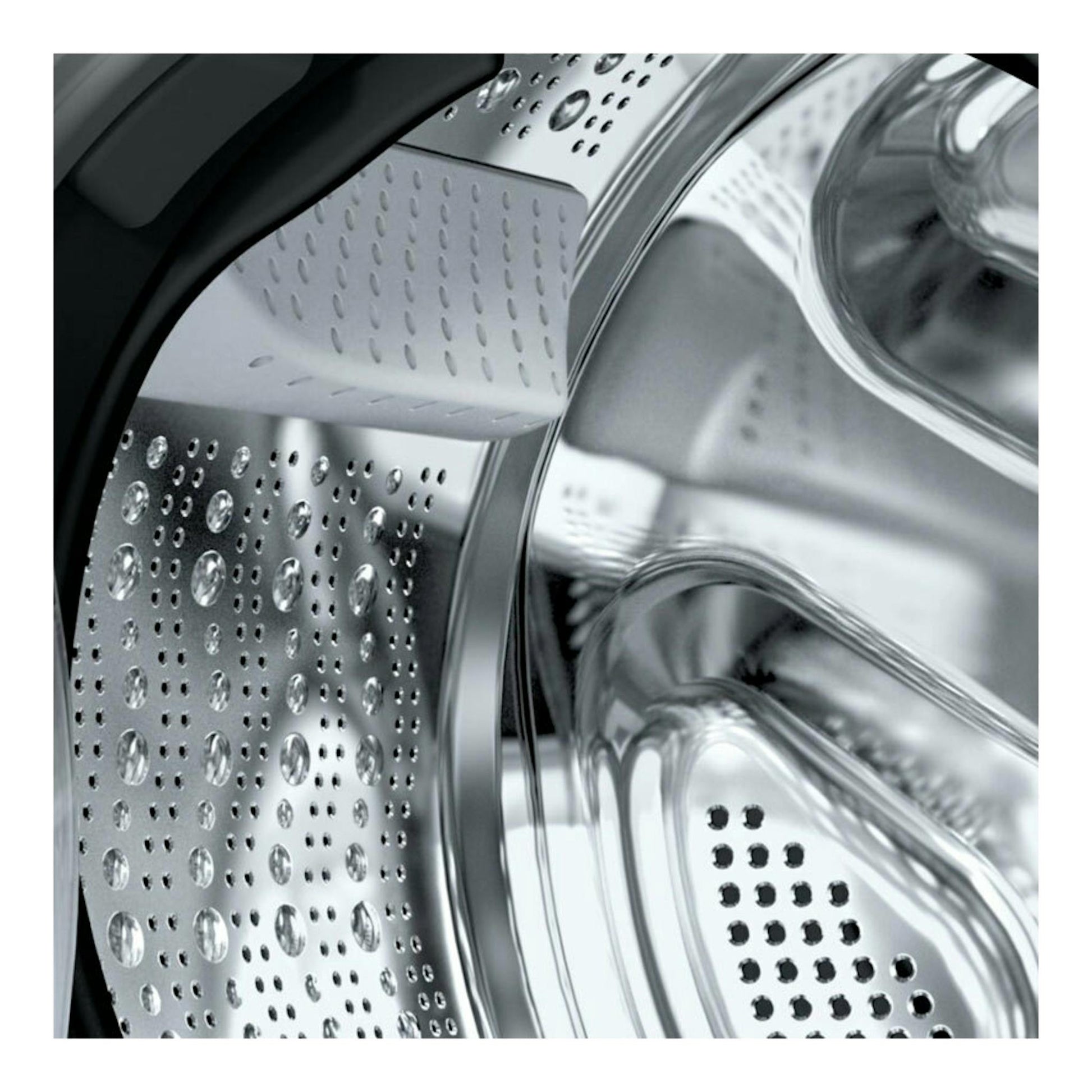 Interior del tambor de una lavasecadora Siemens WN54C2A0ES, vista en primer plano en acero inoxidable.