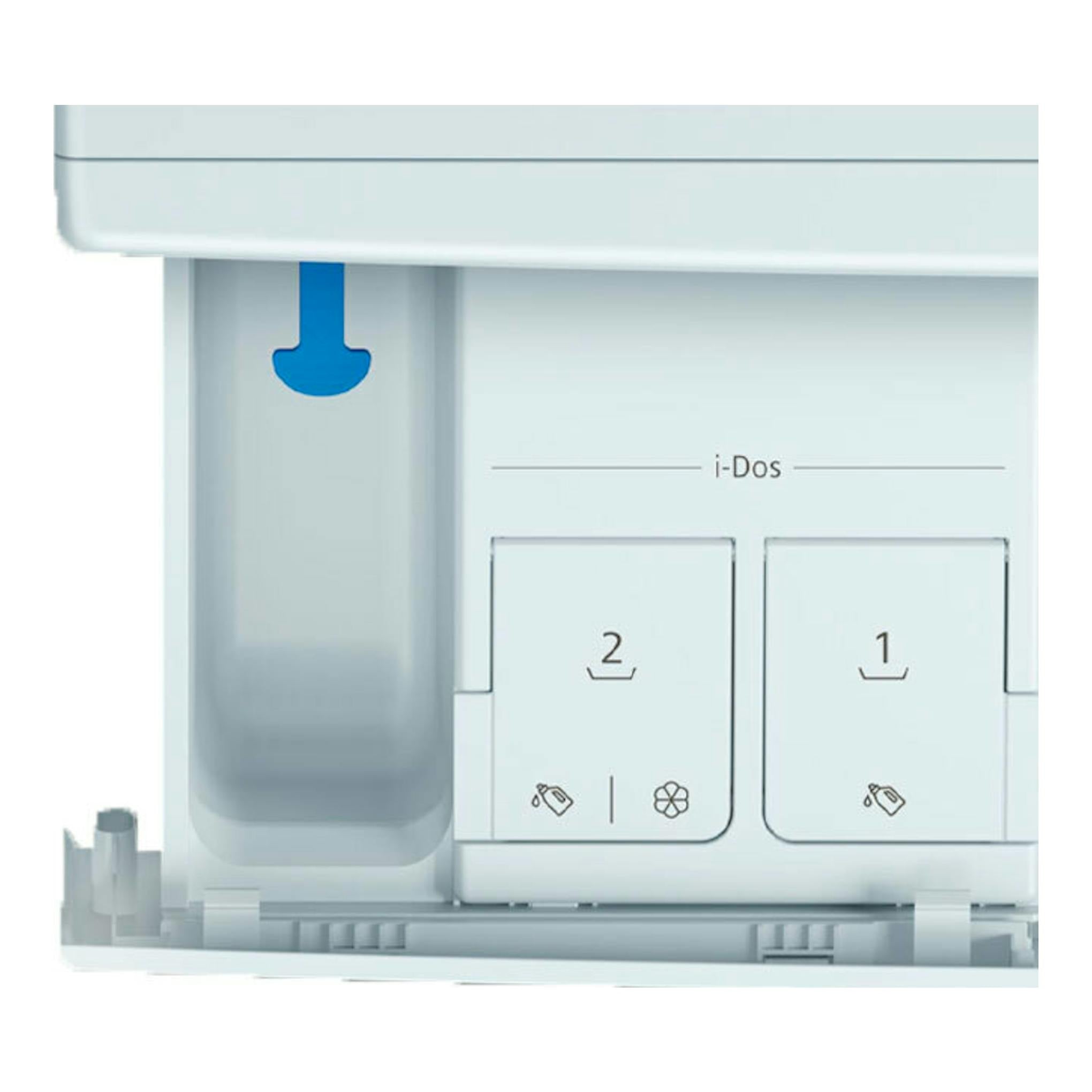 Lavasecadora Siemens WN54C2A0ES, detalle en vista frontal parcial del compartimento i-Dos blanco y gris.