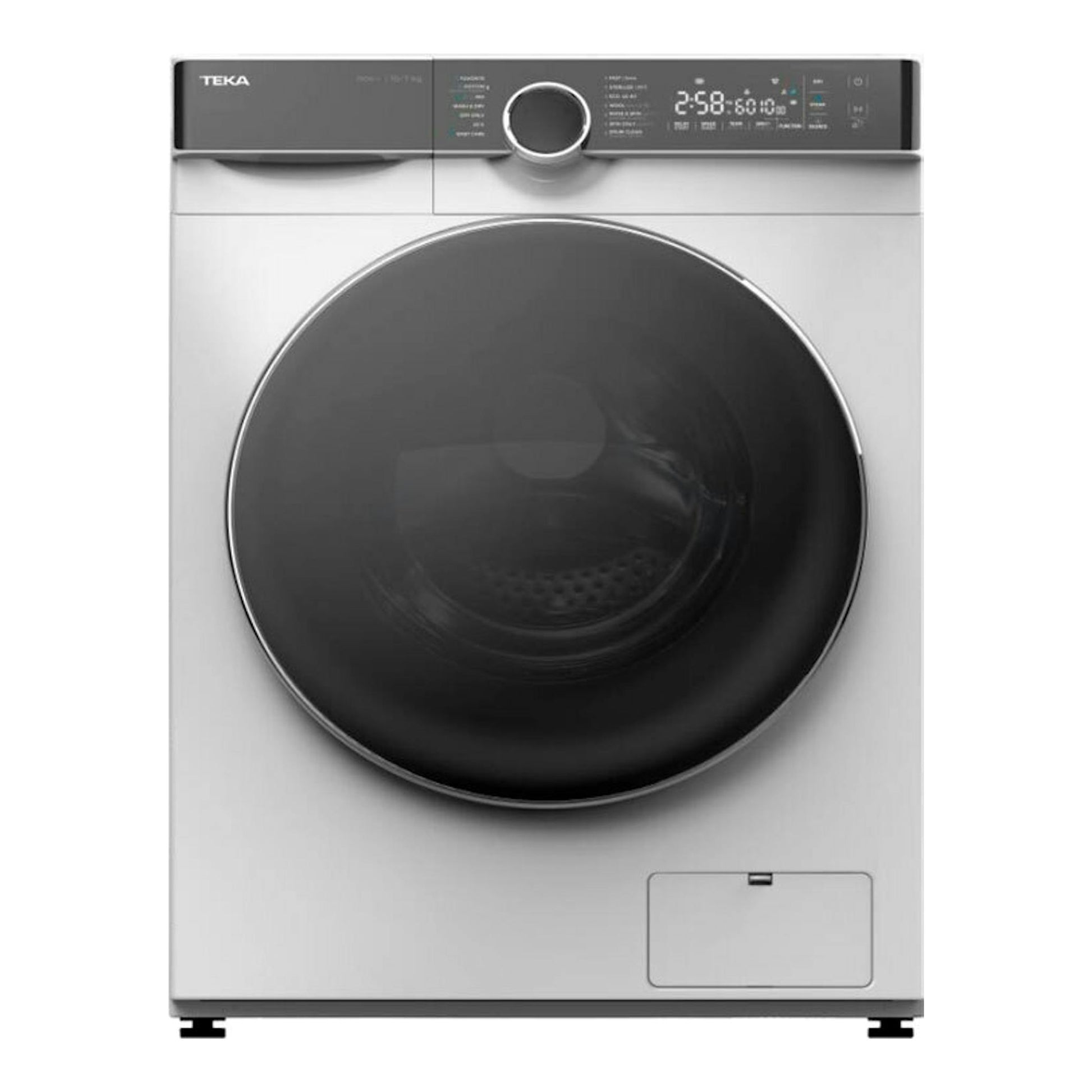 Lavasecadora Teka WDK81050 blanca, vista frontal, con puerta negra circular y panel digital superior.