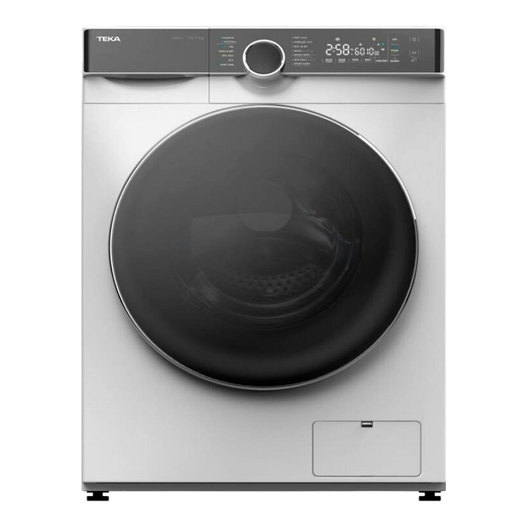 Lavasecadora Teka WDK81050 blanca, vista frontal, con puerta negra circular y panel digital superior.