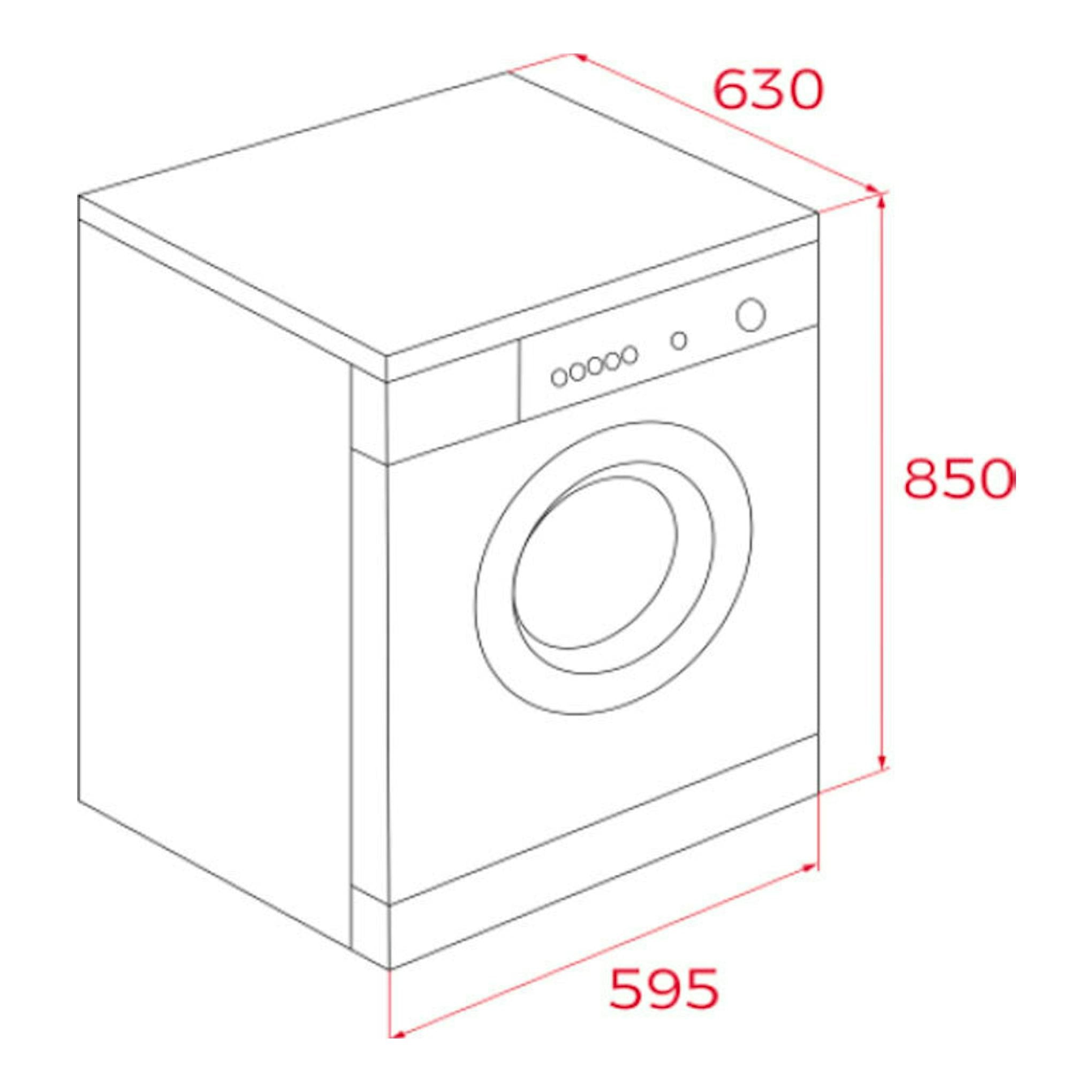 Lavasecadora Teka WDK81050 blanca, vista isométrica frontal, con medidas 595 x 630 x 850 mm.