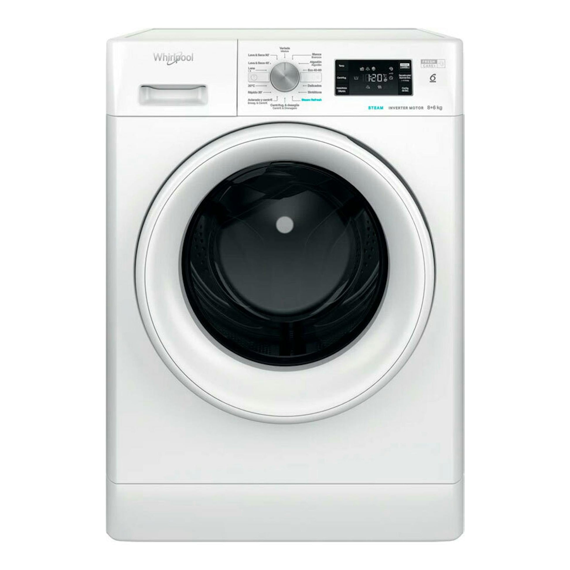 Lavasecadora Whirlpool FFWDB 864349WVSPT blanca, vista frontal con puerta circular negra y panel digital.