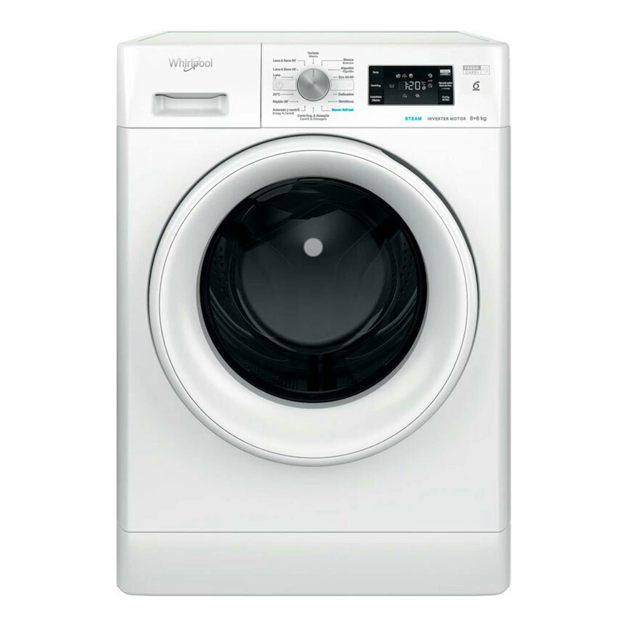 Lavasecadora Whirlpool FFWDB 864349WVSPT blanca, vista frontal con puerta circular negra y panel digital.