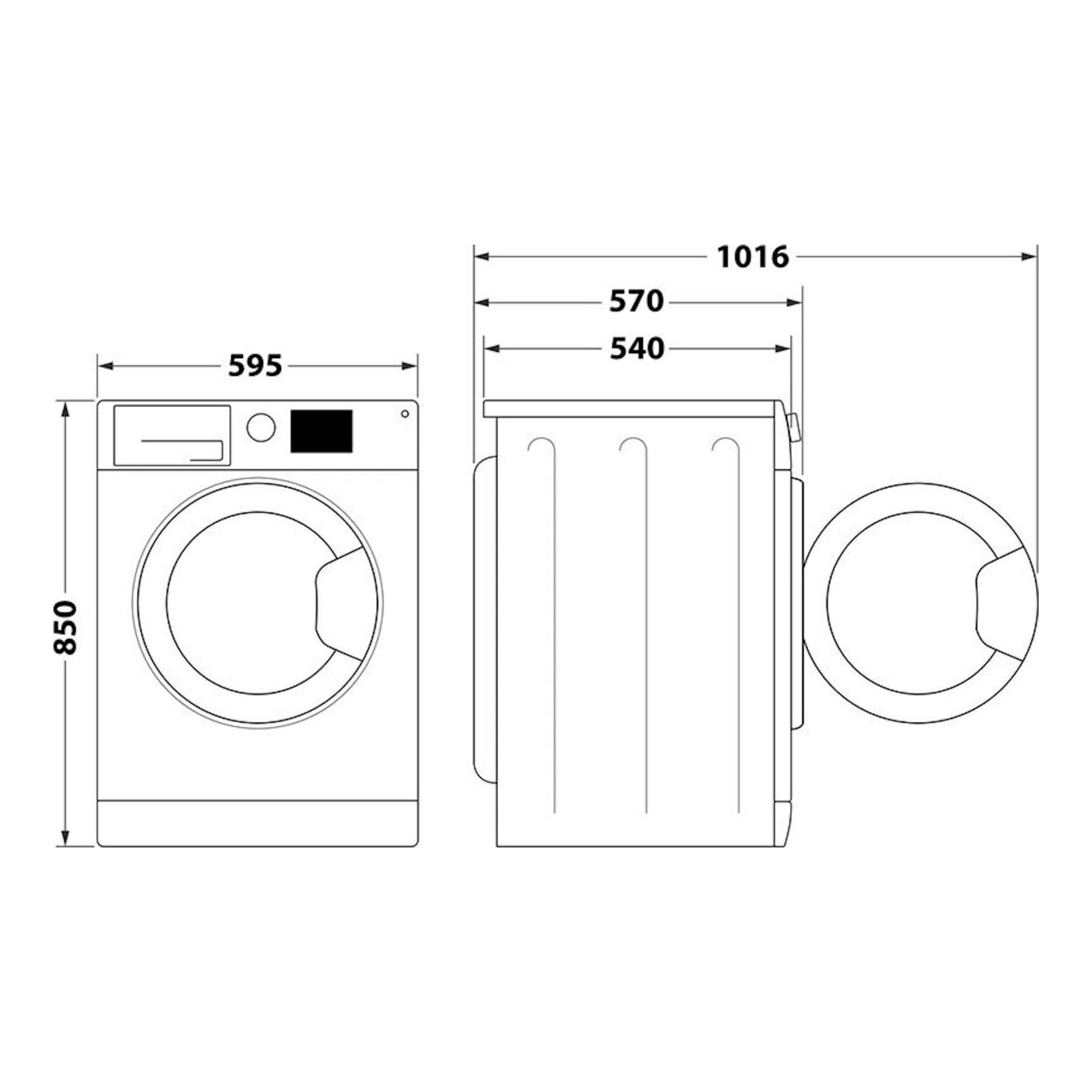 Whirlpool FFWDB 864349WVSPT: dibujo técnico de lavasecadora en vista frontal y lateral con medidas.