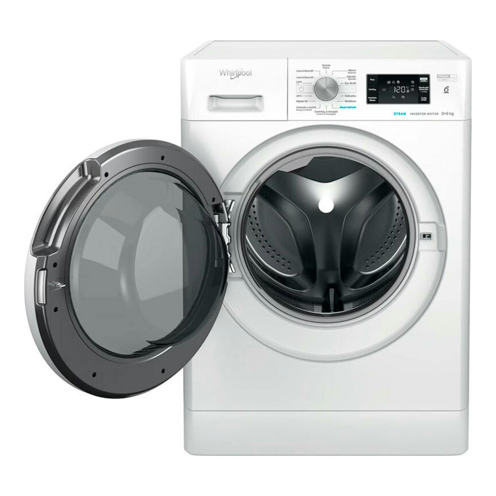 Lavasecadora Whirlpool FFWDB 864349WVSPT blanca, vista frontal, con puerta circular abierta y tambor visible.