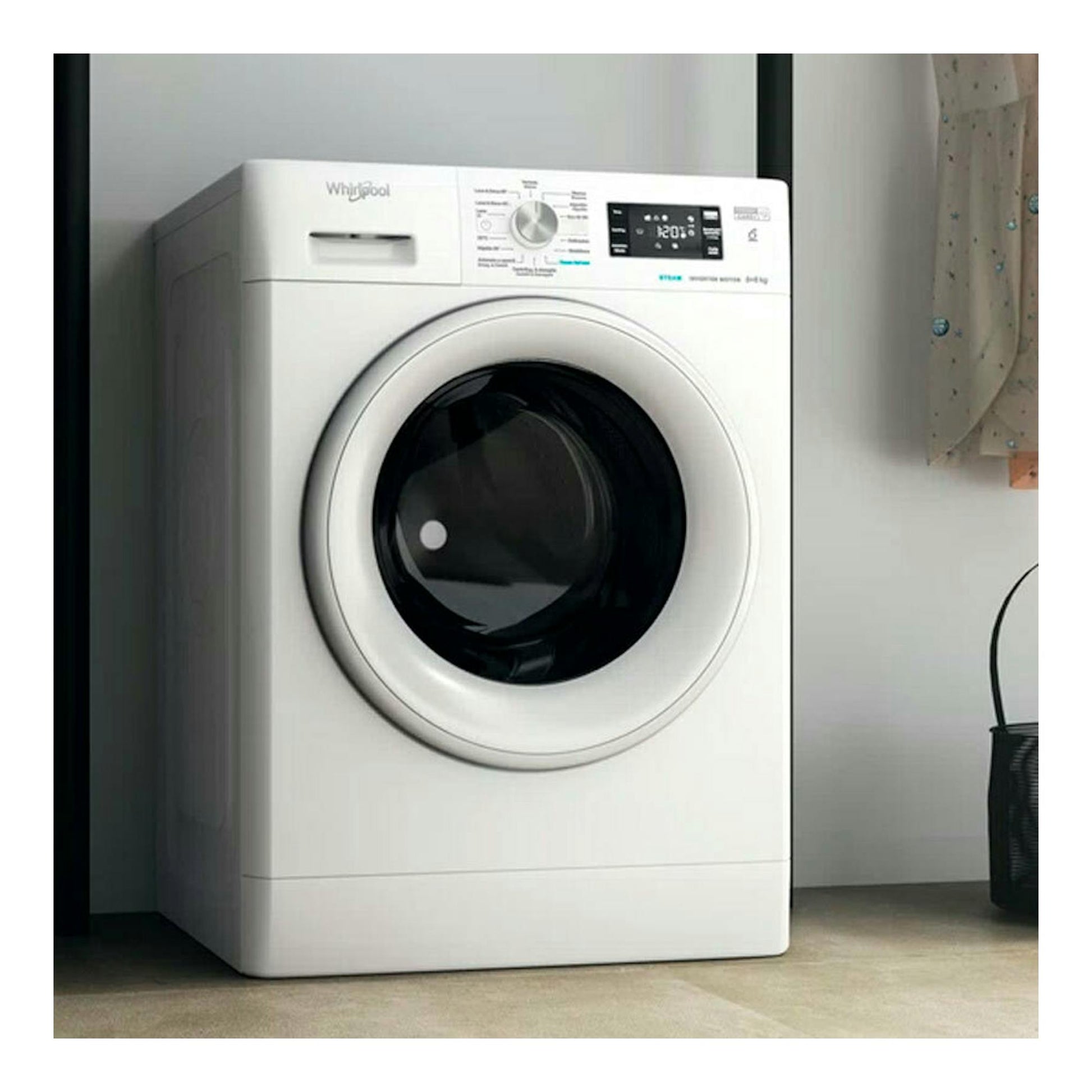 Lavasecadora Whirlpool FFWDB 864349WVSPT blanca, vista frontal, con puerta circular negra y panel digital.