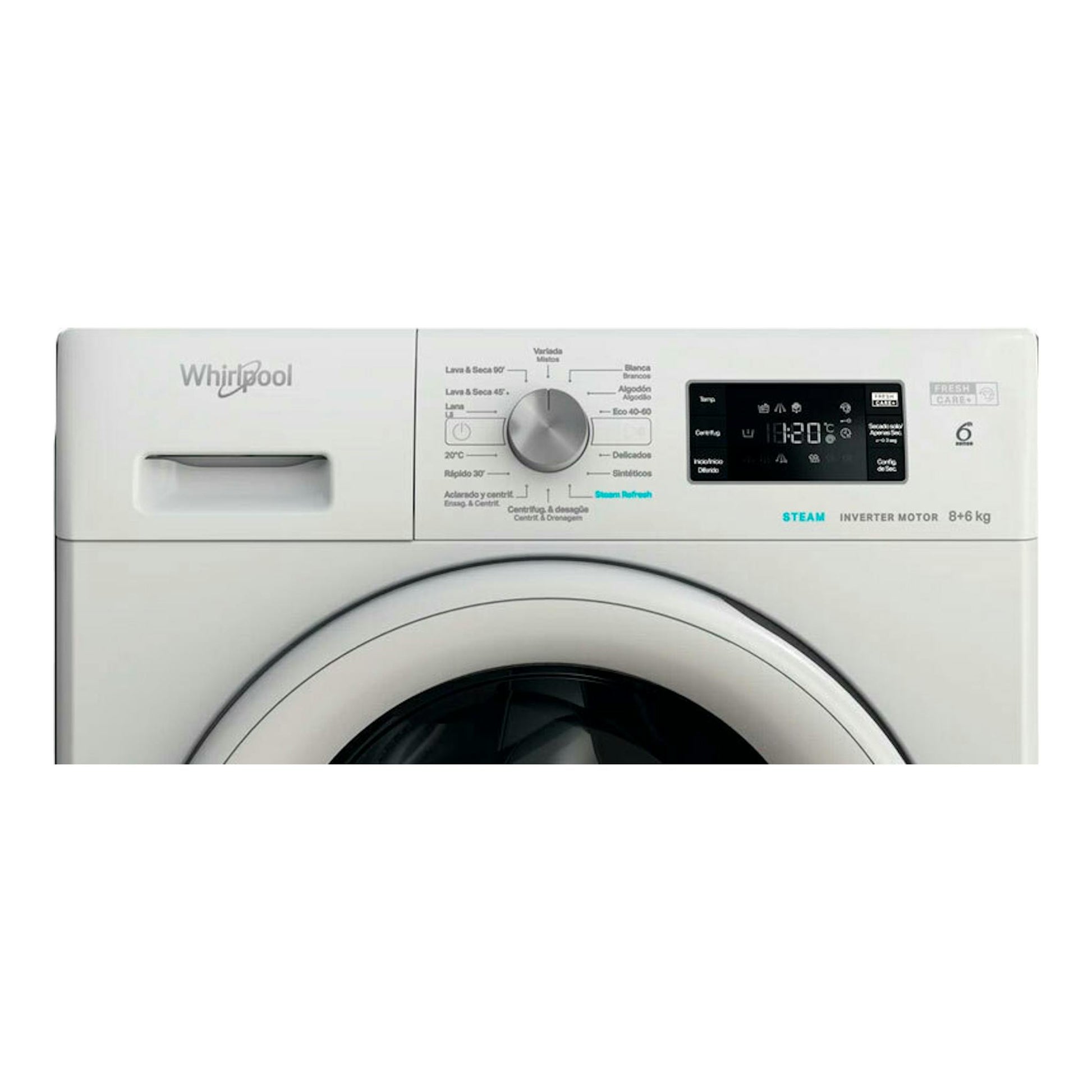 Lavasecadora Whirlpool FFWDB 864349WVSPT blanca, vista frontal, con panel digital y selector central.