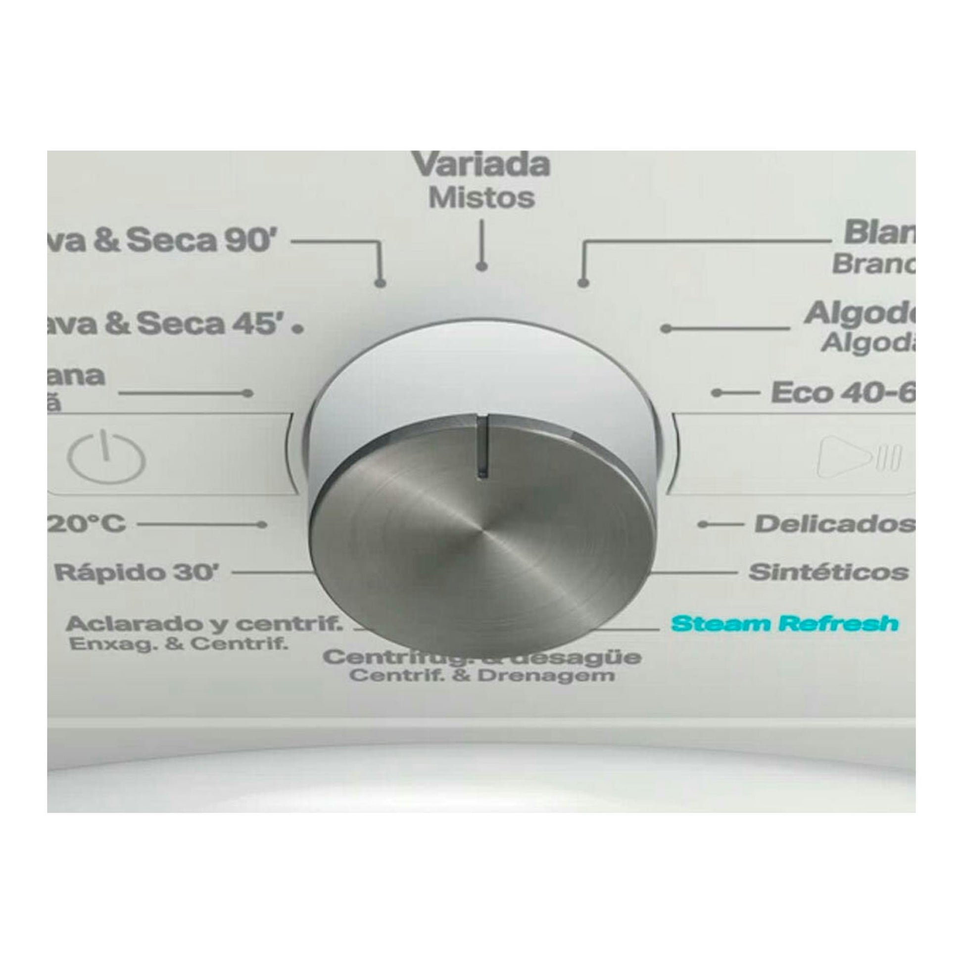 Primer plano del selector de programas de una lavasecadora Whirlpool FFWDB 864349WVSPT, en blanco y gris.