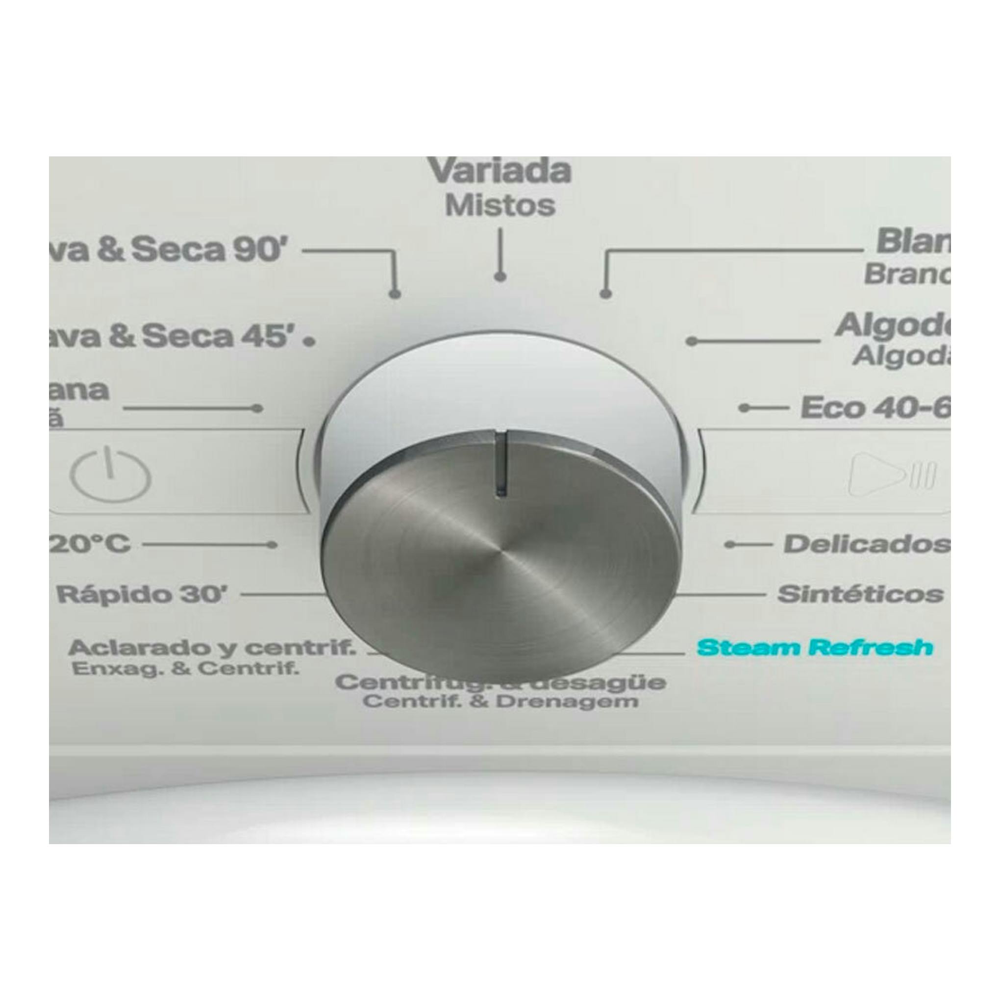 Primer plano del selector de programas de una lavasecadora Whirlpool FFWDB 864349WVSPT, en blanco y gris.