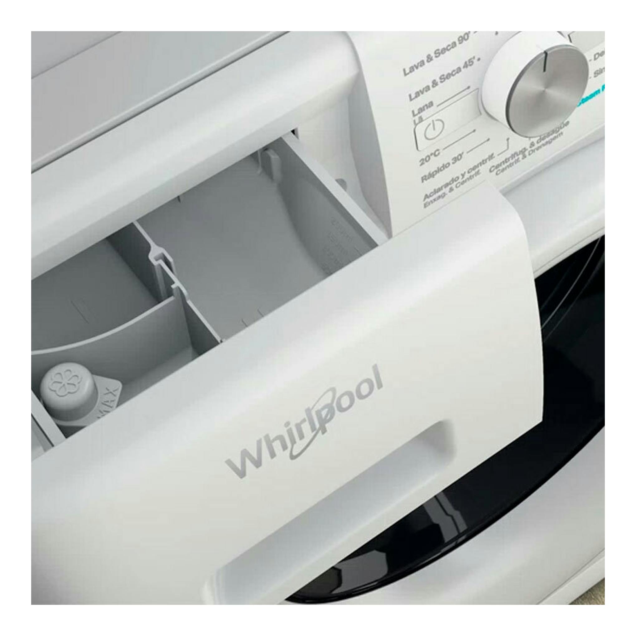 Lavasecadora Whirlpool FFWDB 864349WVSPT blanca, con cajón abierto y selector de programas visible.