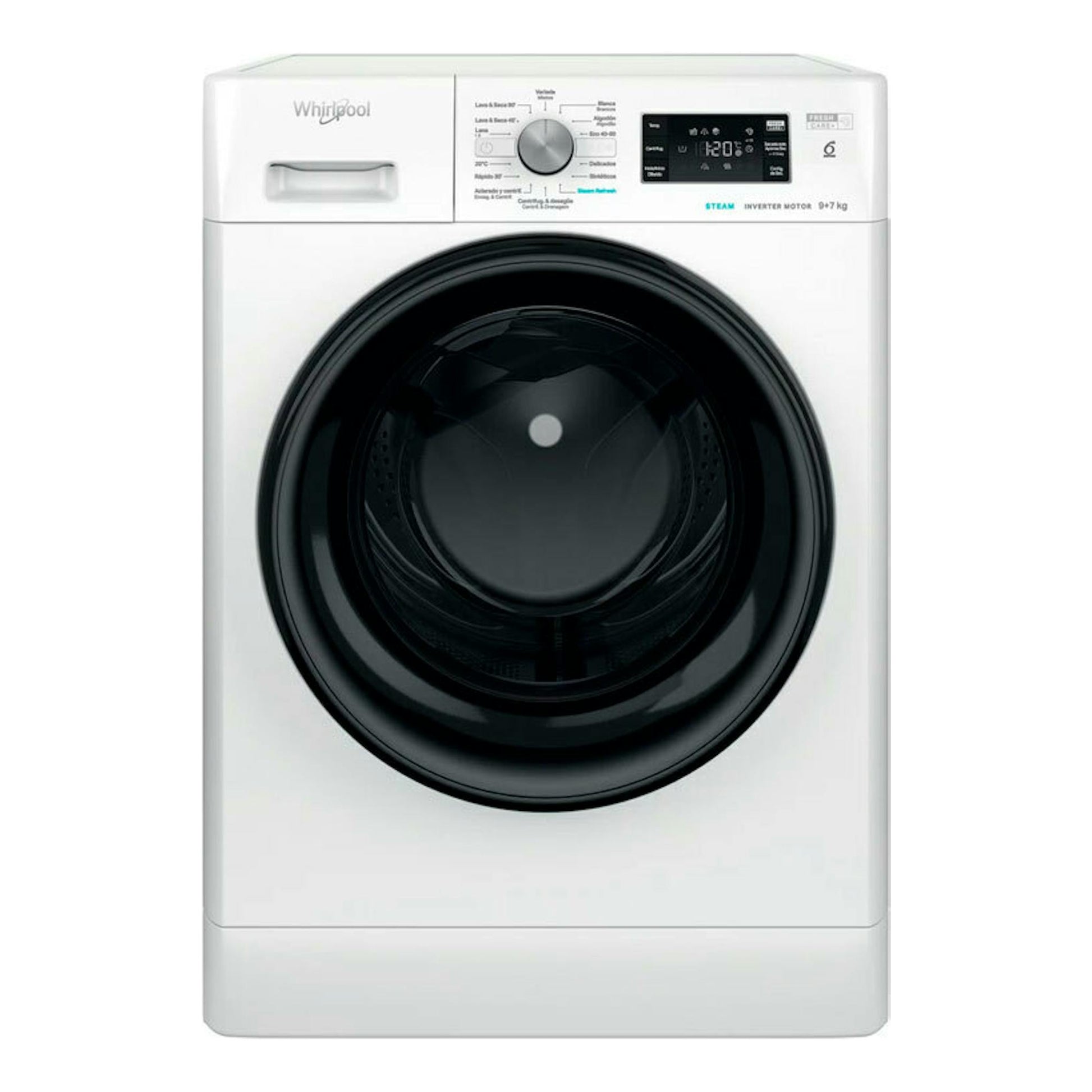Lavasecadora Whirlpool FFWDB976258BVSPT blanca, vista frontal, con puerta negra circular y panel digital.