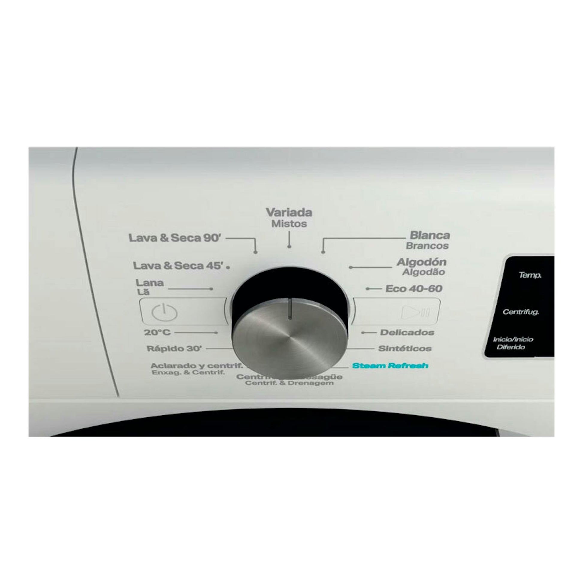Panel de control de lavasecadora Whirlpool FFWDB976258BVSPT blanca, con selector central y programas visibles.