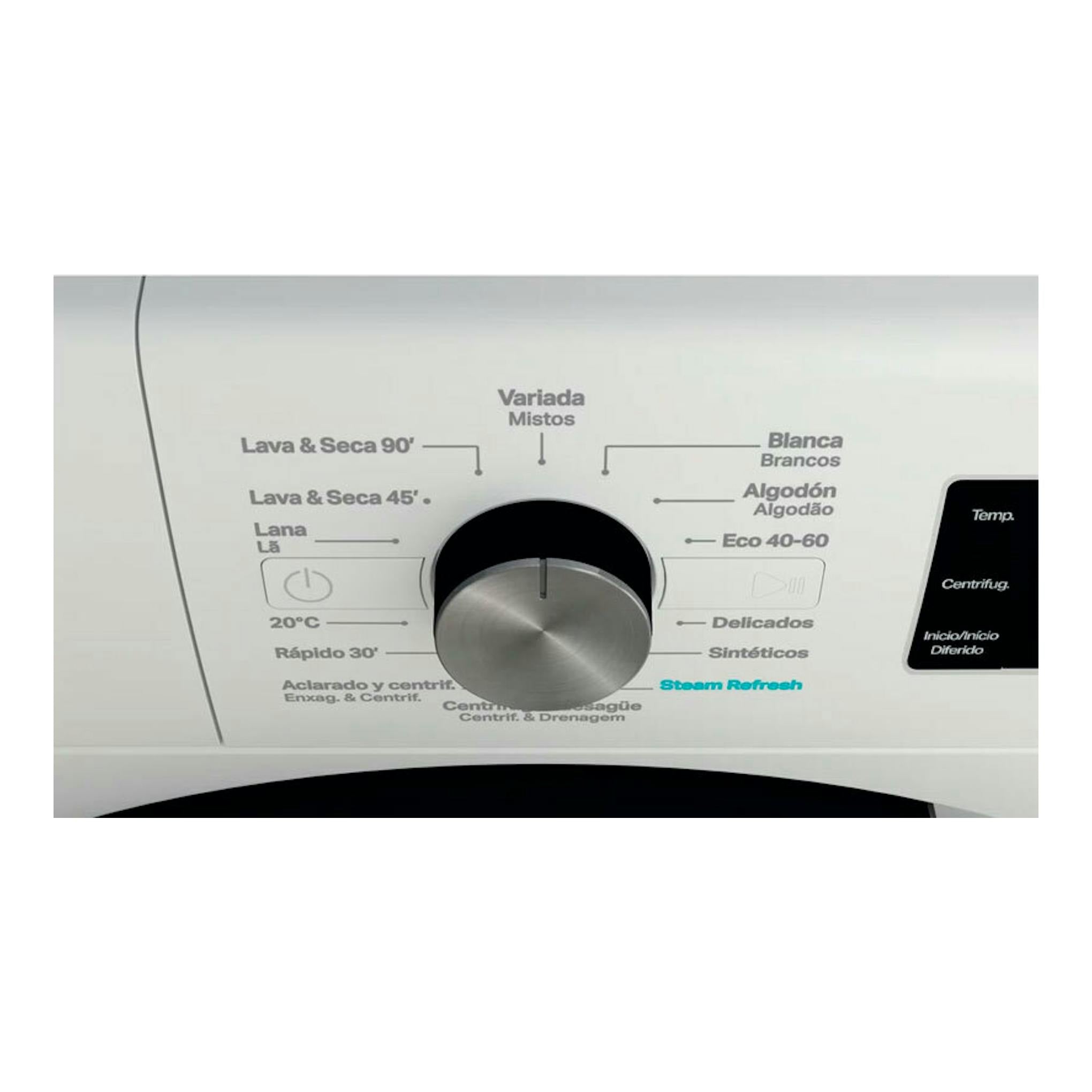 Panel de control de lavasecadora Whirlpool FFWDB976258BVSPT blanca, con selector central y programas visibles.