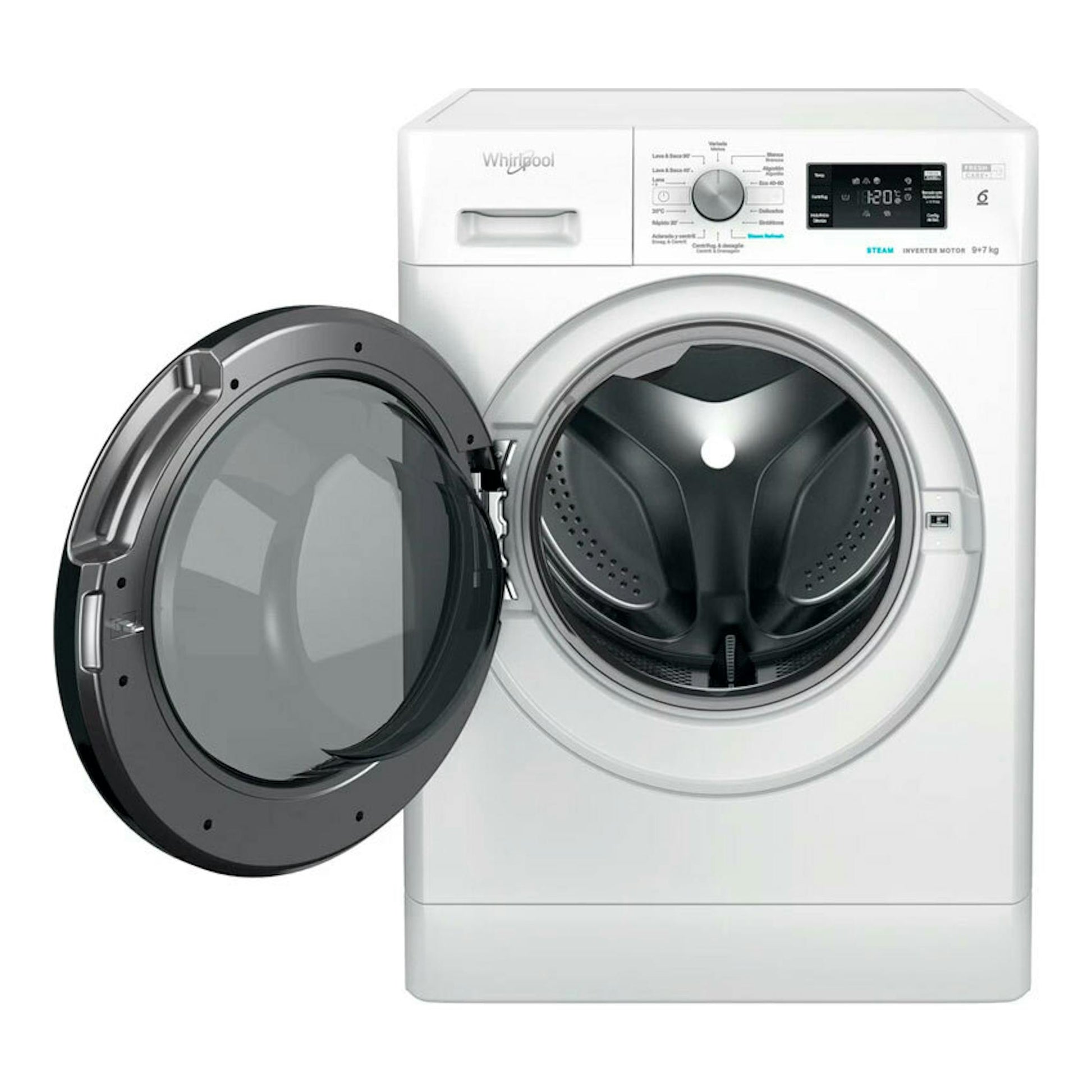 Lavasecadora Whirlpool FFWDB976258BVSPT blanca, vista frontal, con la puerta abierta.