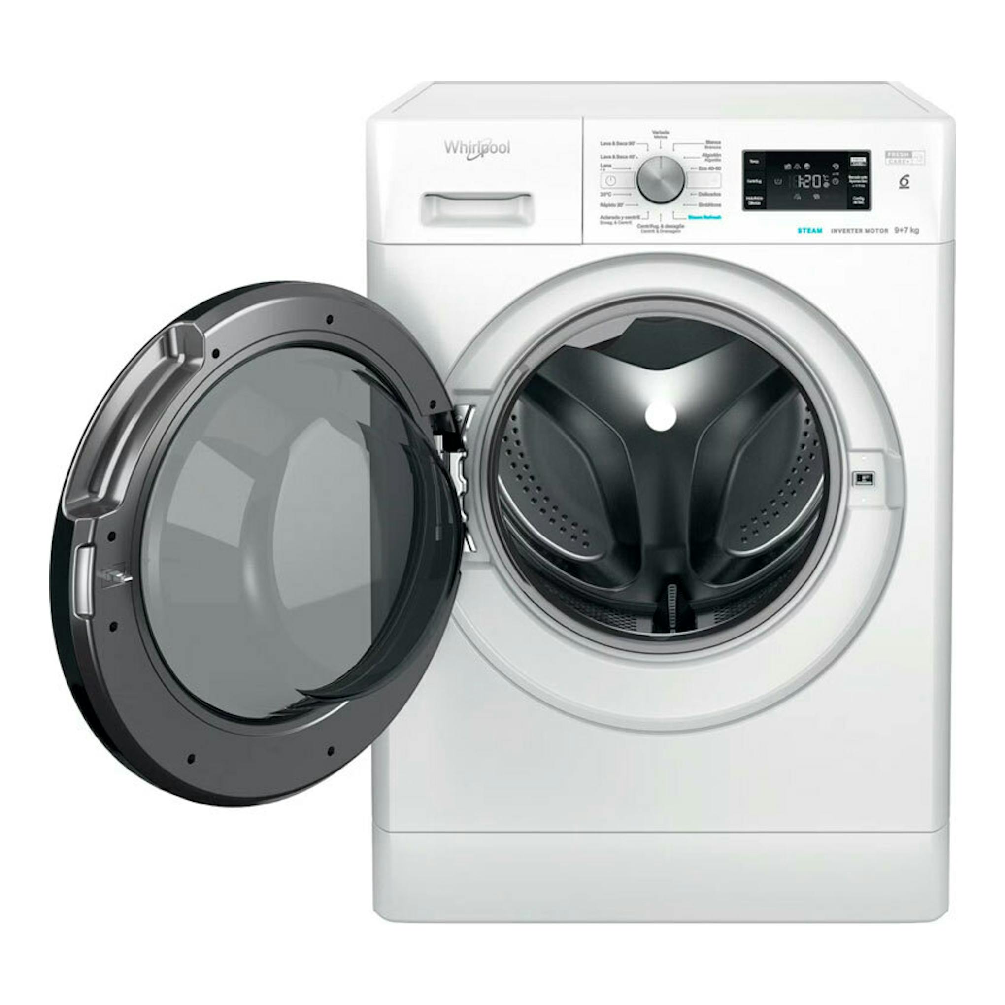 Lavasecadora Whirlpool FFWDB976258BVSPT blanca, vista frontal, con la puerta abierta.