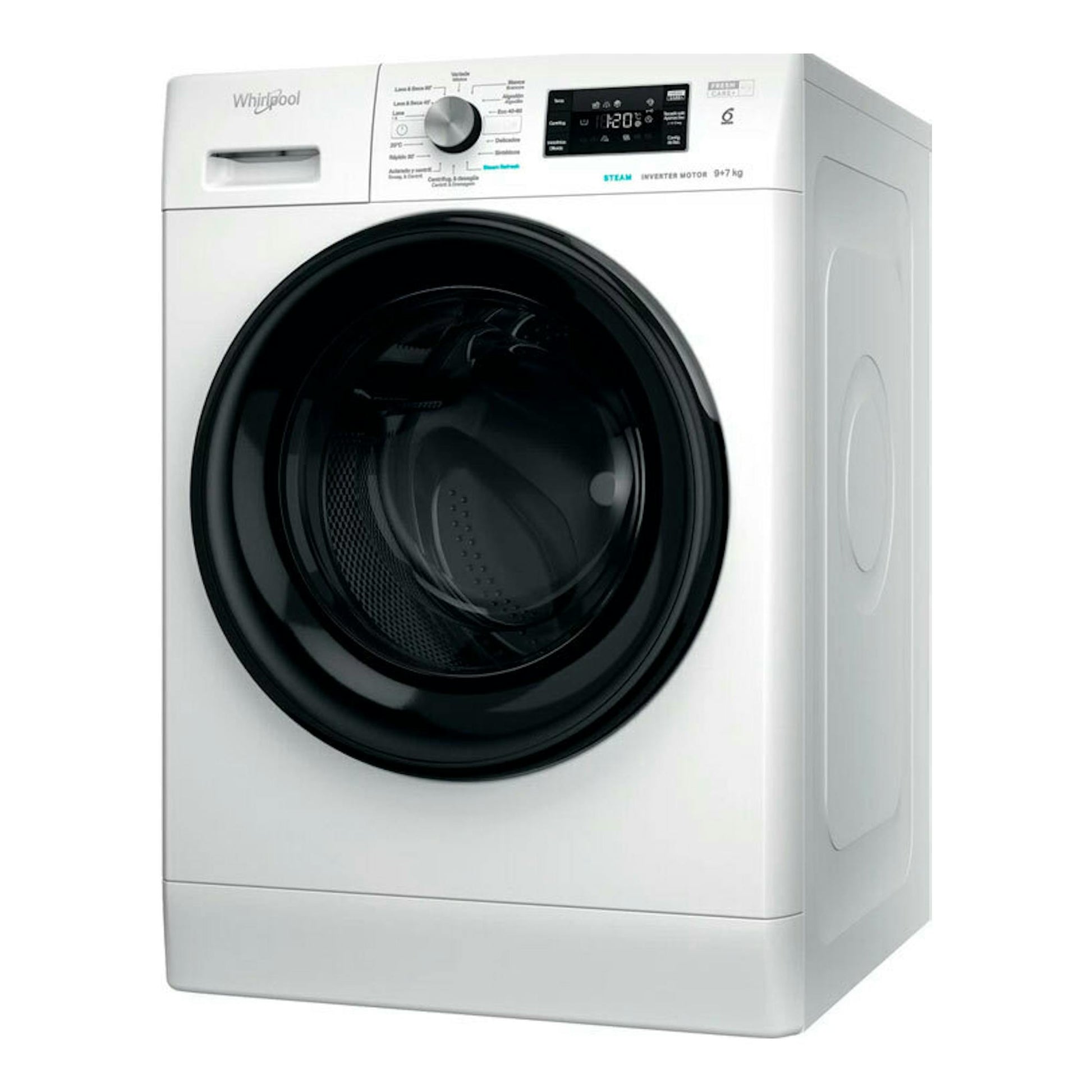 Lavasecadora Whirlpool FFWDB976258BVSPT blanca, carga frontal, vista frontal con puerta negra circular.