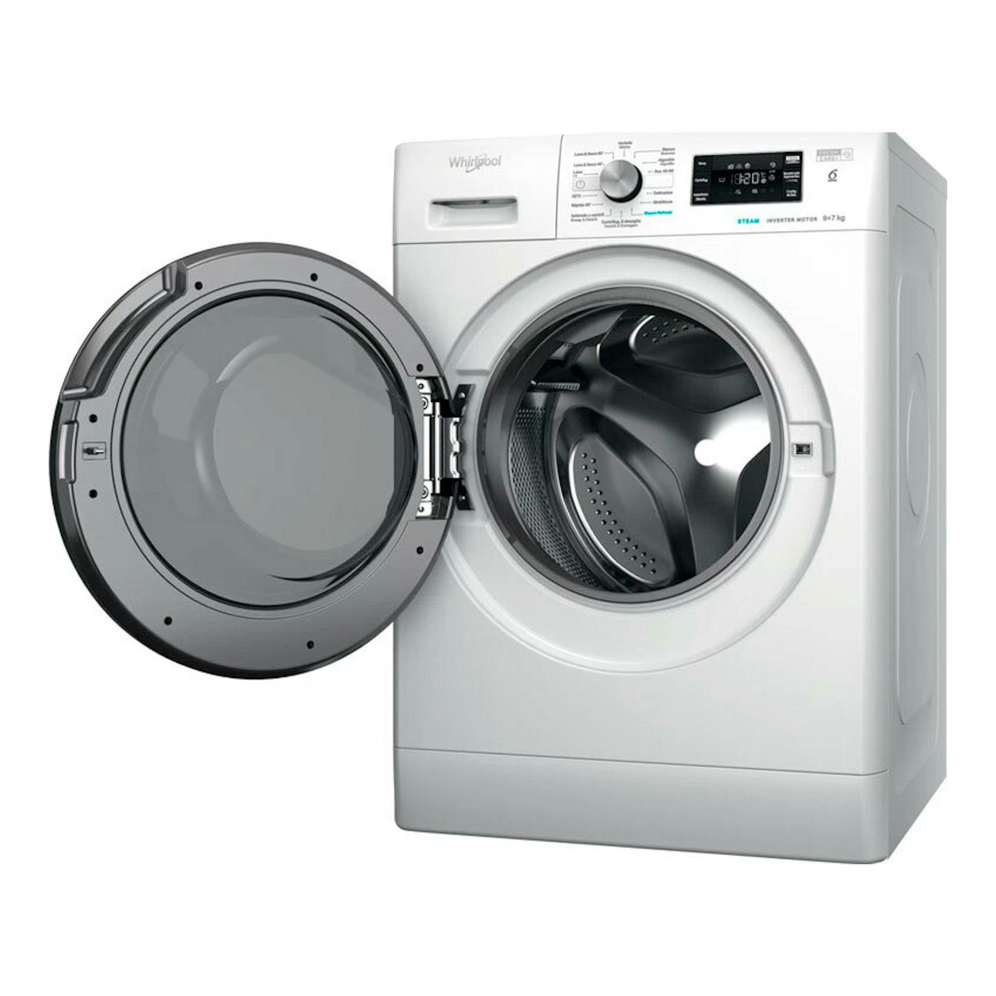 Lavasecadora Whirlpool FFWDB976258BVSPT blanca, vista frontal, con la puerta abierta.