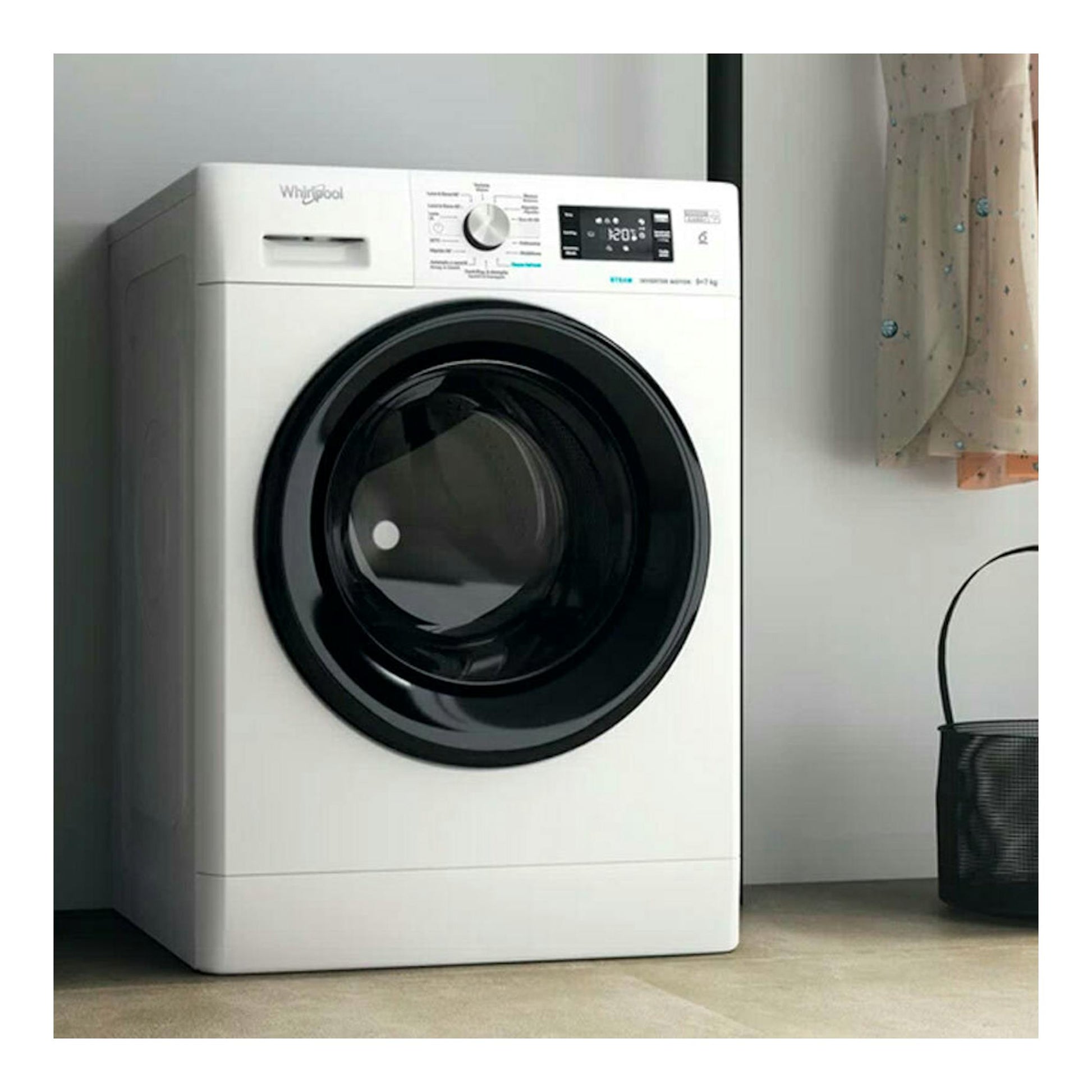 Lavasecadora Whirlpool FFWDB976258BVSPT blanca, vista frontal, con puerta circular negra.