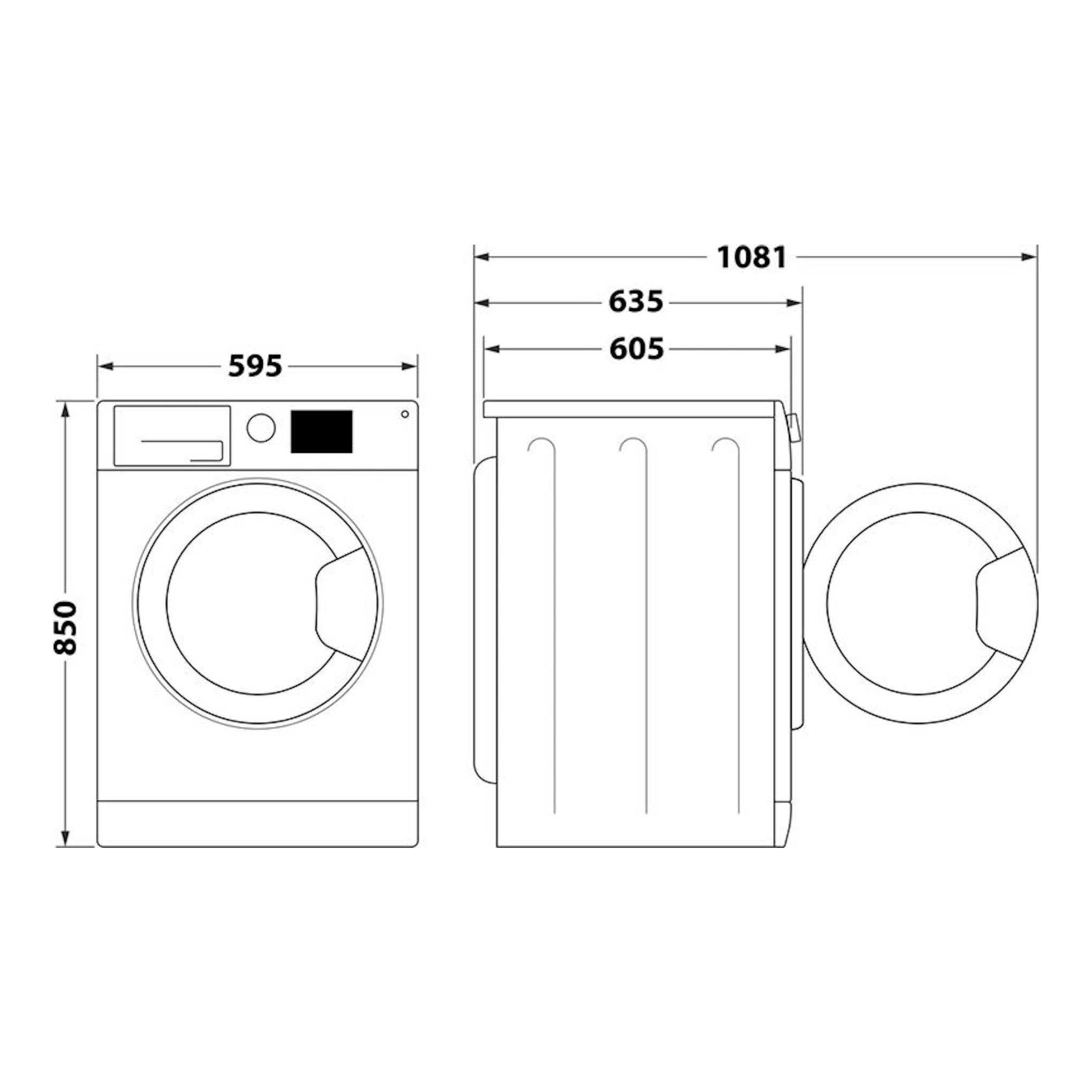 Lavasecadora Whirlpool FWDD1074269BVSPT en vista frontal y lateral, con medidas 595 x 850 x 635 mm.