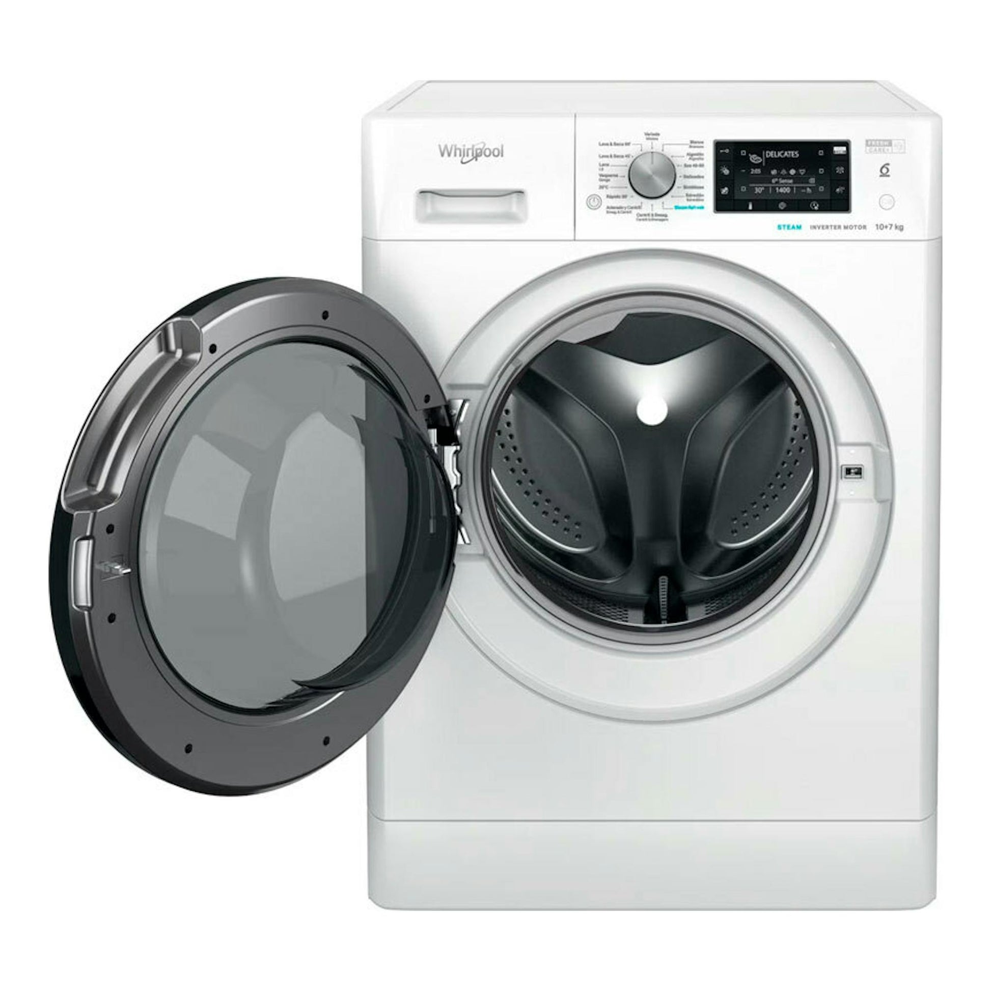 Lavasecadora Whirlpool FWDD1074269BVSPT blanca, vista frontal, con puerta de carga frontal abierta.