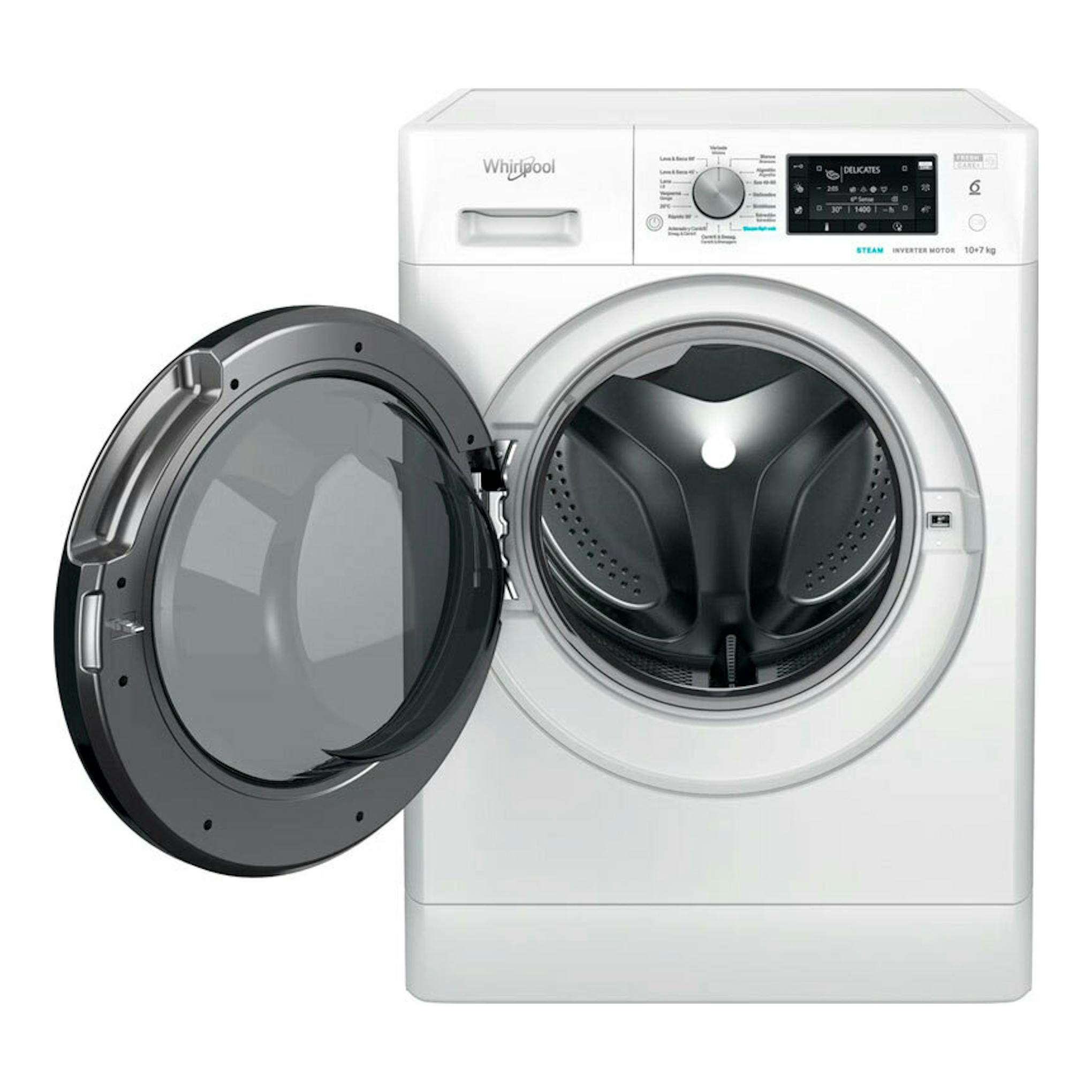 Lavasecadora Whirlpool FWDD1074269BVSPT blanca, vista frontal, con puerta de carga frontal abierta.