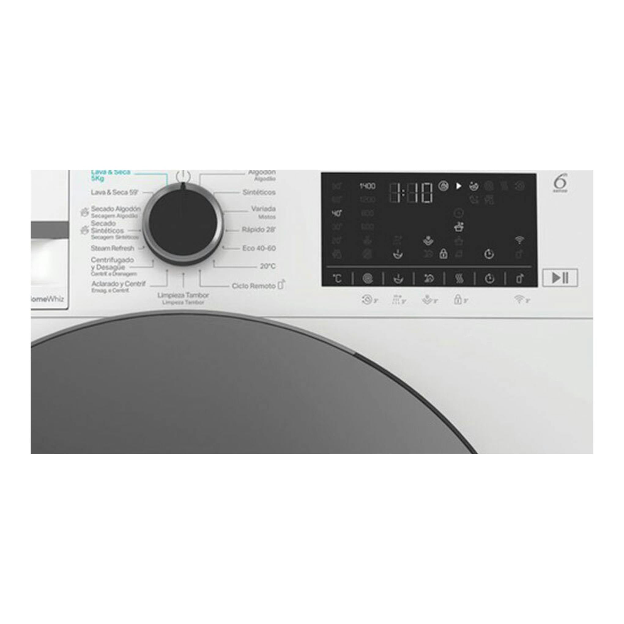 Lavasecadora Whirlpool WAD 8536WBC SPT blanca, vista frontal parcial del panel de control y la puerta.
