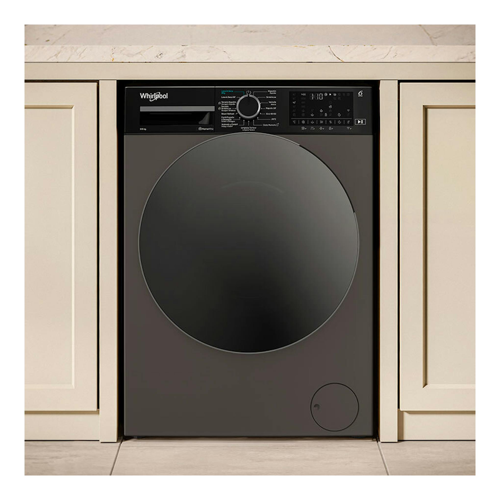 Lavasecadora Whirlpool WAD 9636G SPT 9Kg, vista frontal empotrada, color gris oscuro y negro.