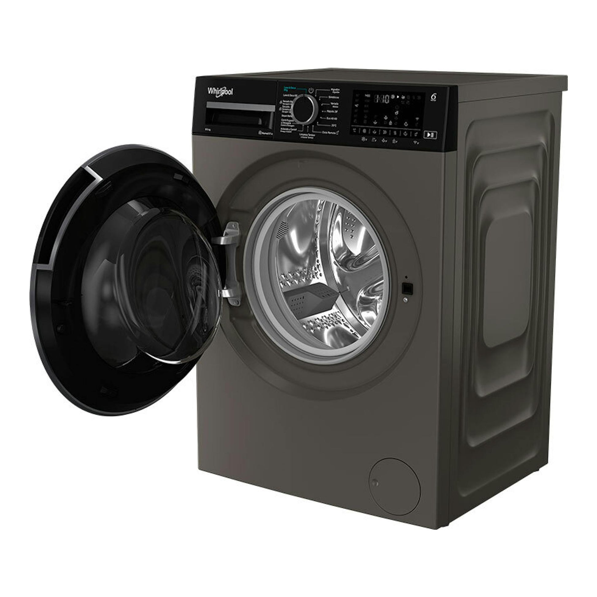 Lavasecadora Whirlpool WAD 9636G SPT gris/negra, vista frontal en ángulo, con la puerta abierta.