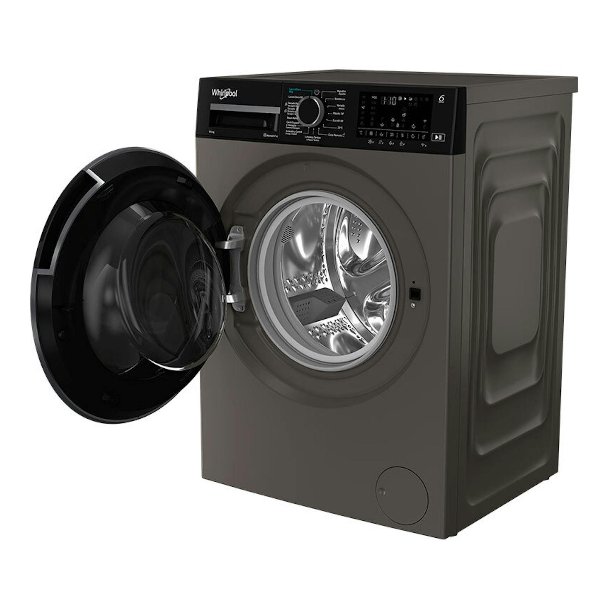 Lavasecadora Whirlpool WAD 9636G SPT gris/negra, vista frontal en ángulo, con la puerta abierta.