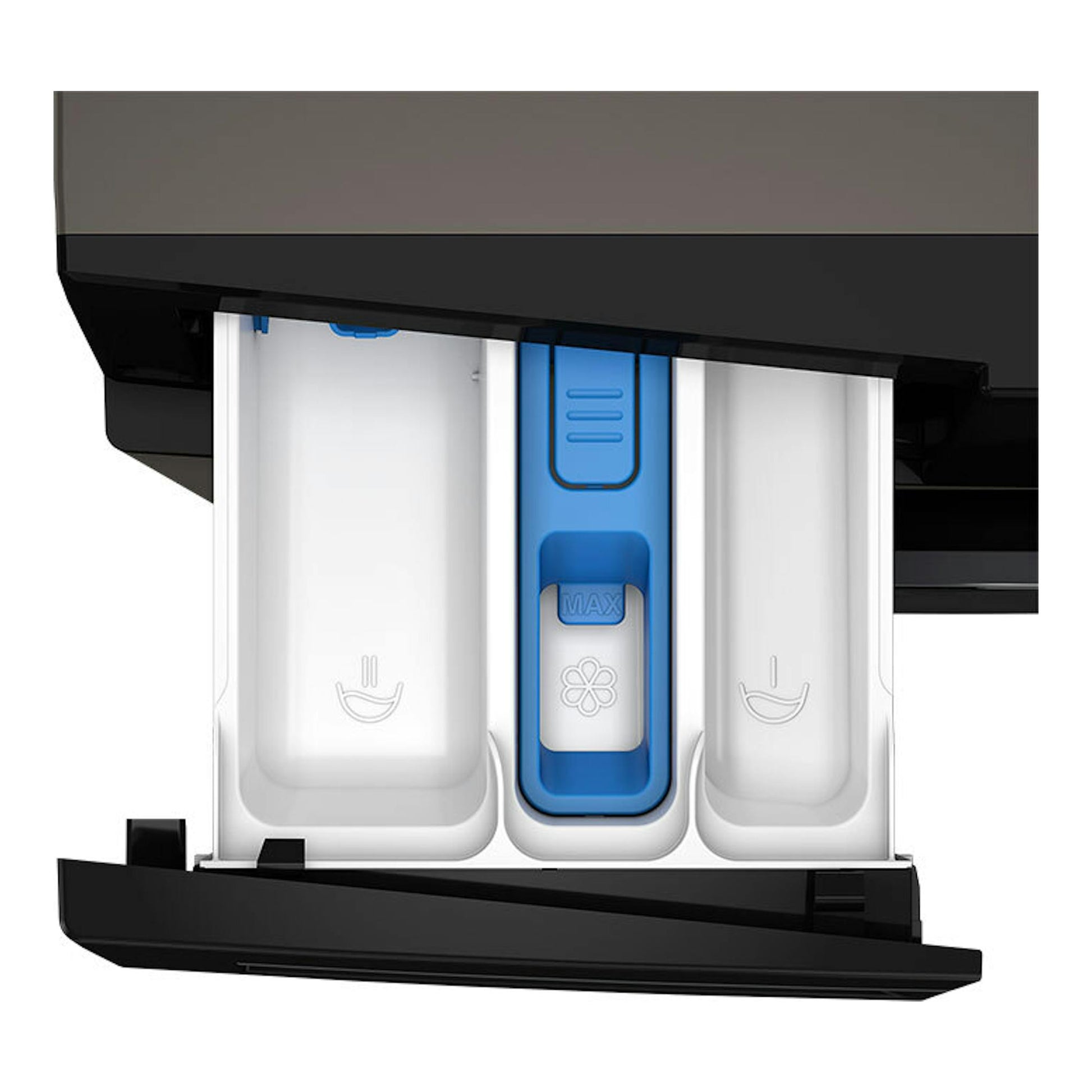 Whirlpool WAD 9636G SPT 9Kg: primer plano del cajón dispensador, blanco, azul y negro.