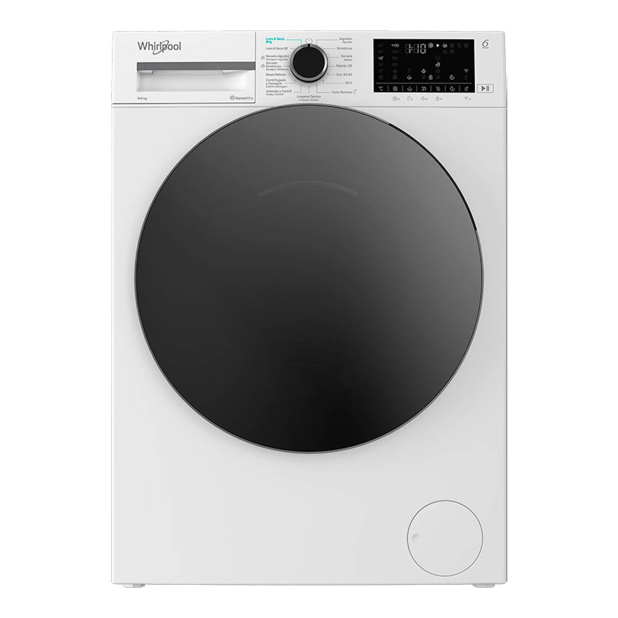 Lavasecadora Whirlpool WAD 9636W SPT blanca, vista frontal, con puerta circular negra y panel superior.