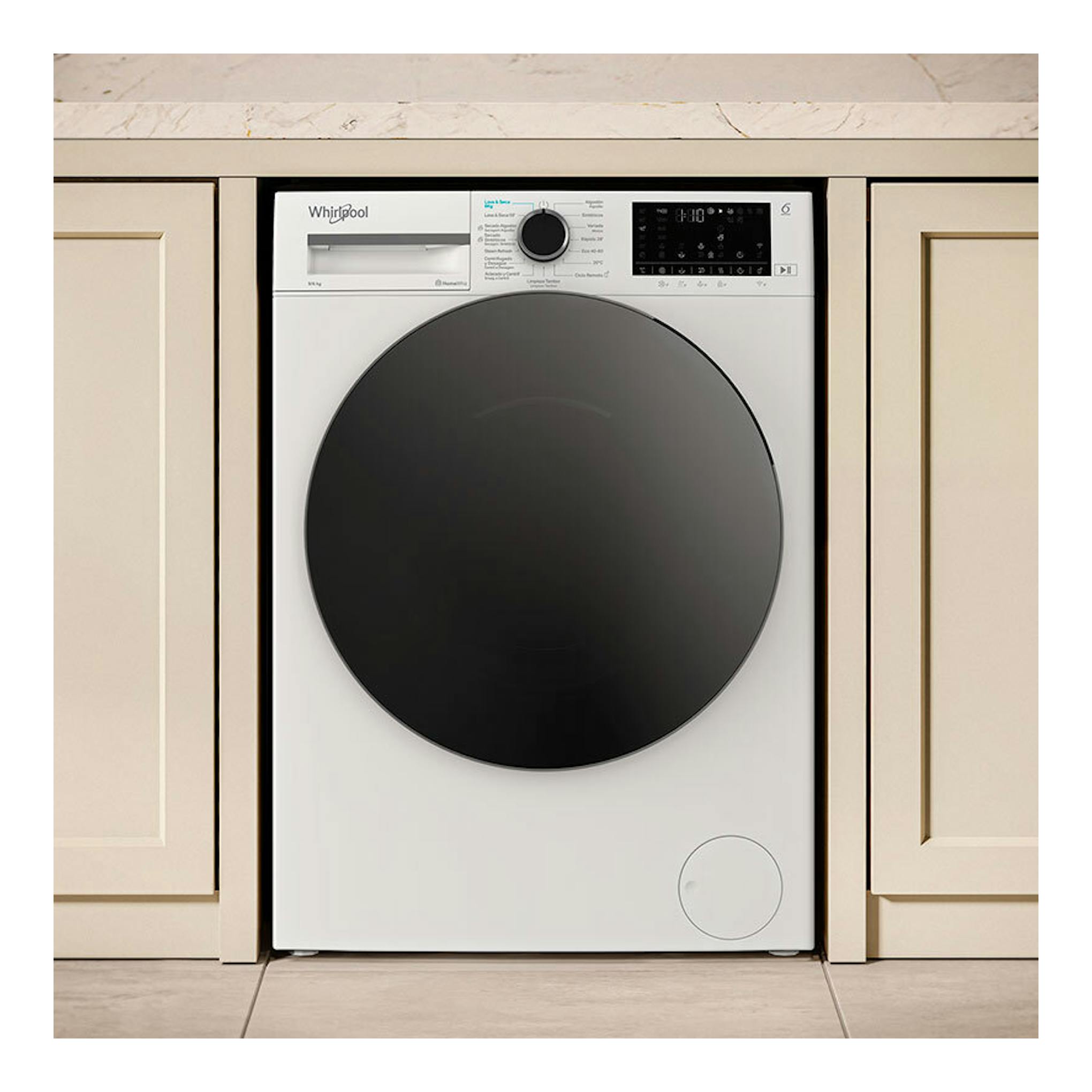 Lavasecadora Whirlpool WAD 9636W SPT blanca, vista frontal, con puerta circular negra y panel superior.