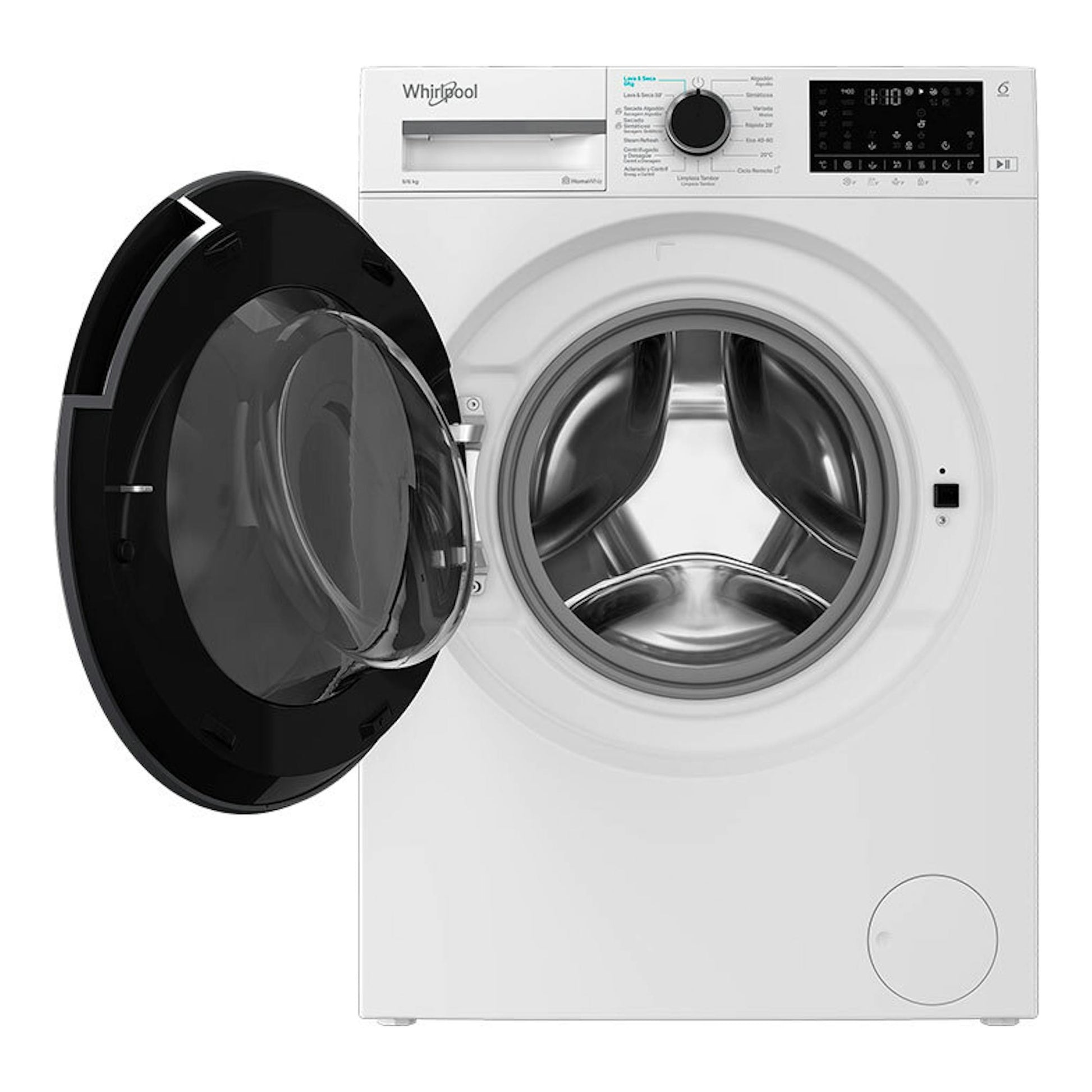 Lavasecadora Whirlpool WAD 9636W SPT blanca, vista frontal, puerta negra abierta y panel digital.