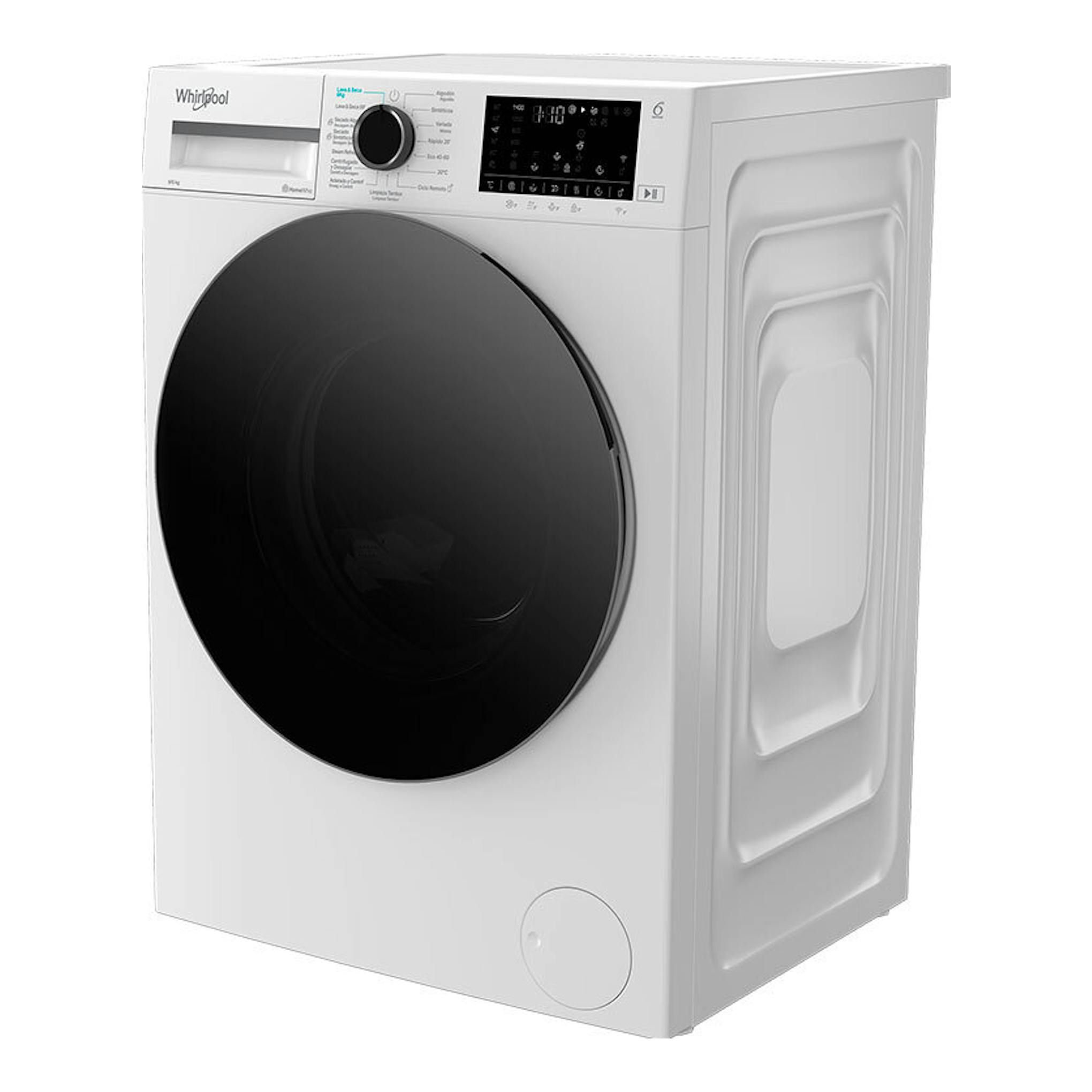 Lavasecadora Whirlpool WAD 9636W SPT blanca, vista frontal en ángulo, con puerta negra circular.