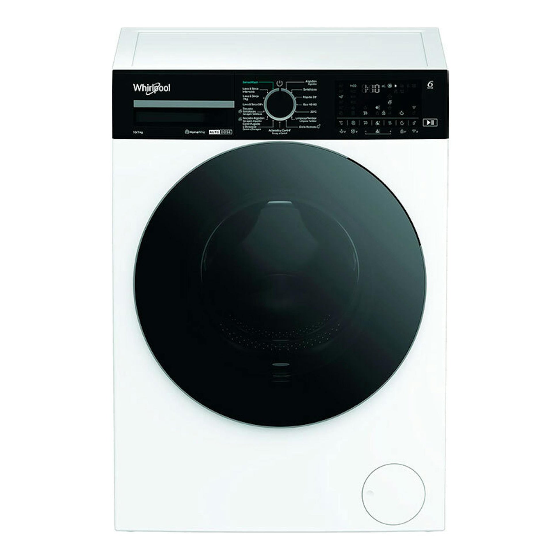 Lavasecadora Whirlpool WPD0736WADSSPT blanca, vista frontal, con puerta negra circular y panel superior negro.